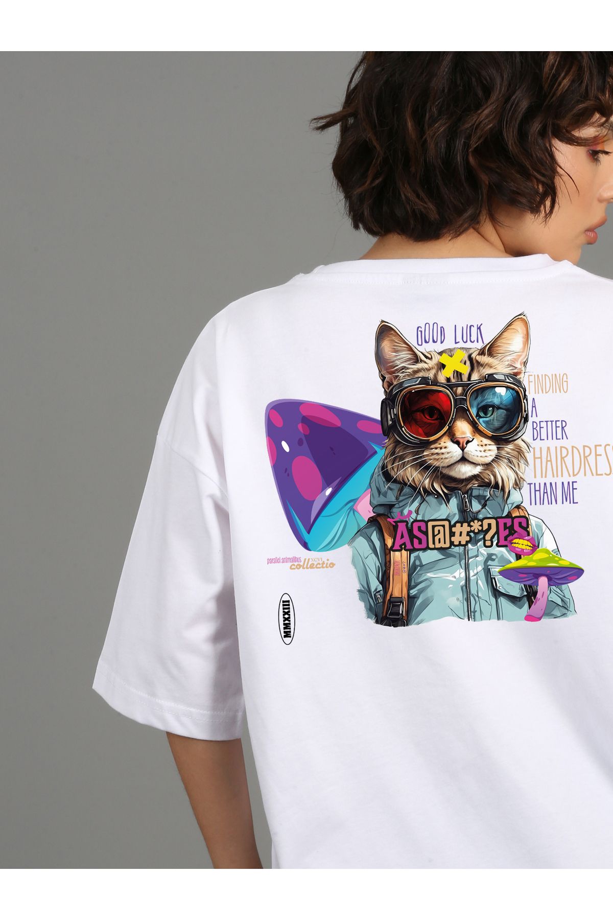 doksanaltı Premium Oversize  Unisex Baskılı T-shirt Cat - Beyaz