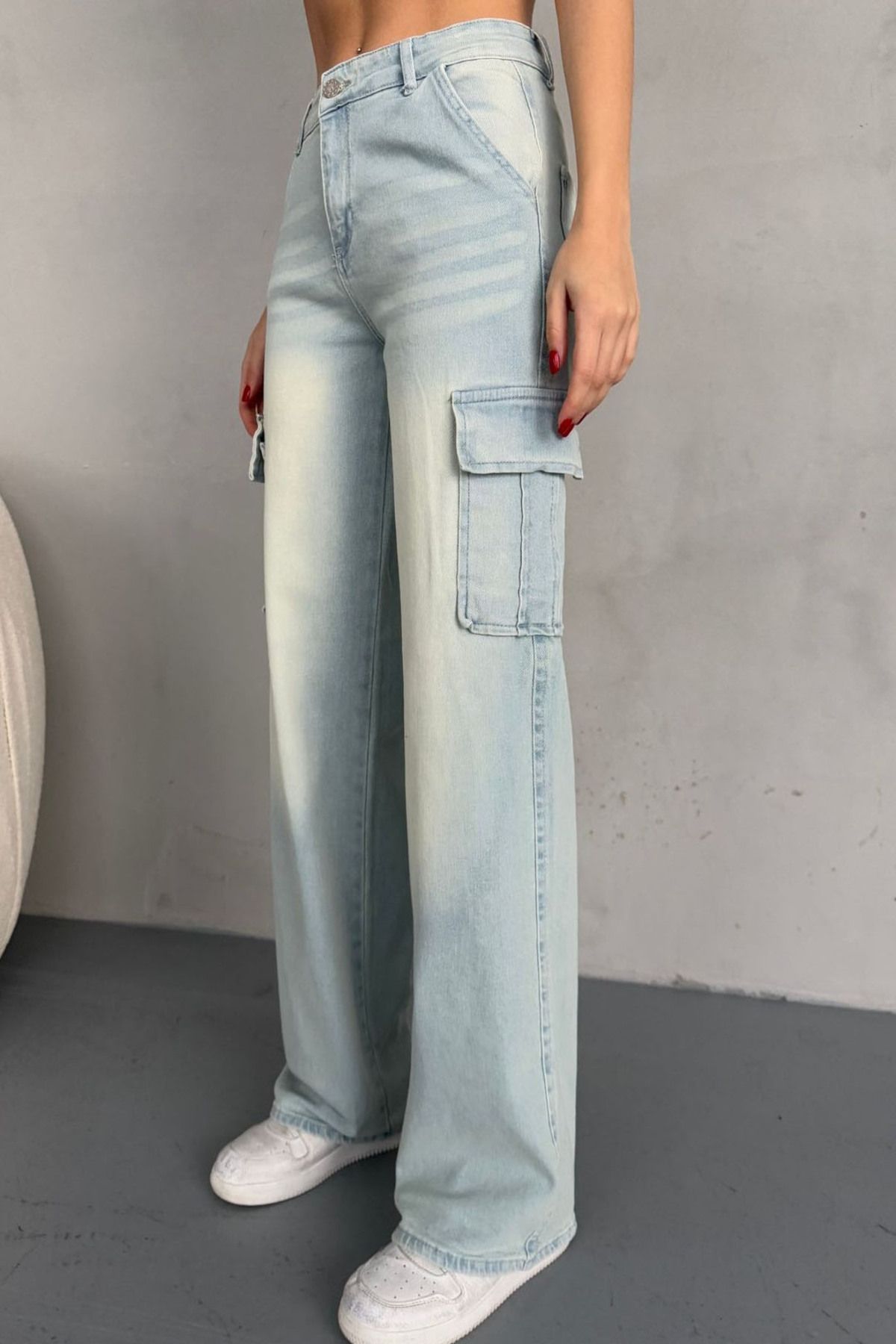 MissThetis Çift Kargo Cepli Wide Leg Geniş Paça Pamuklu Esnek Yıkamalı Vintage Efektli Denim Jean Pantolon