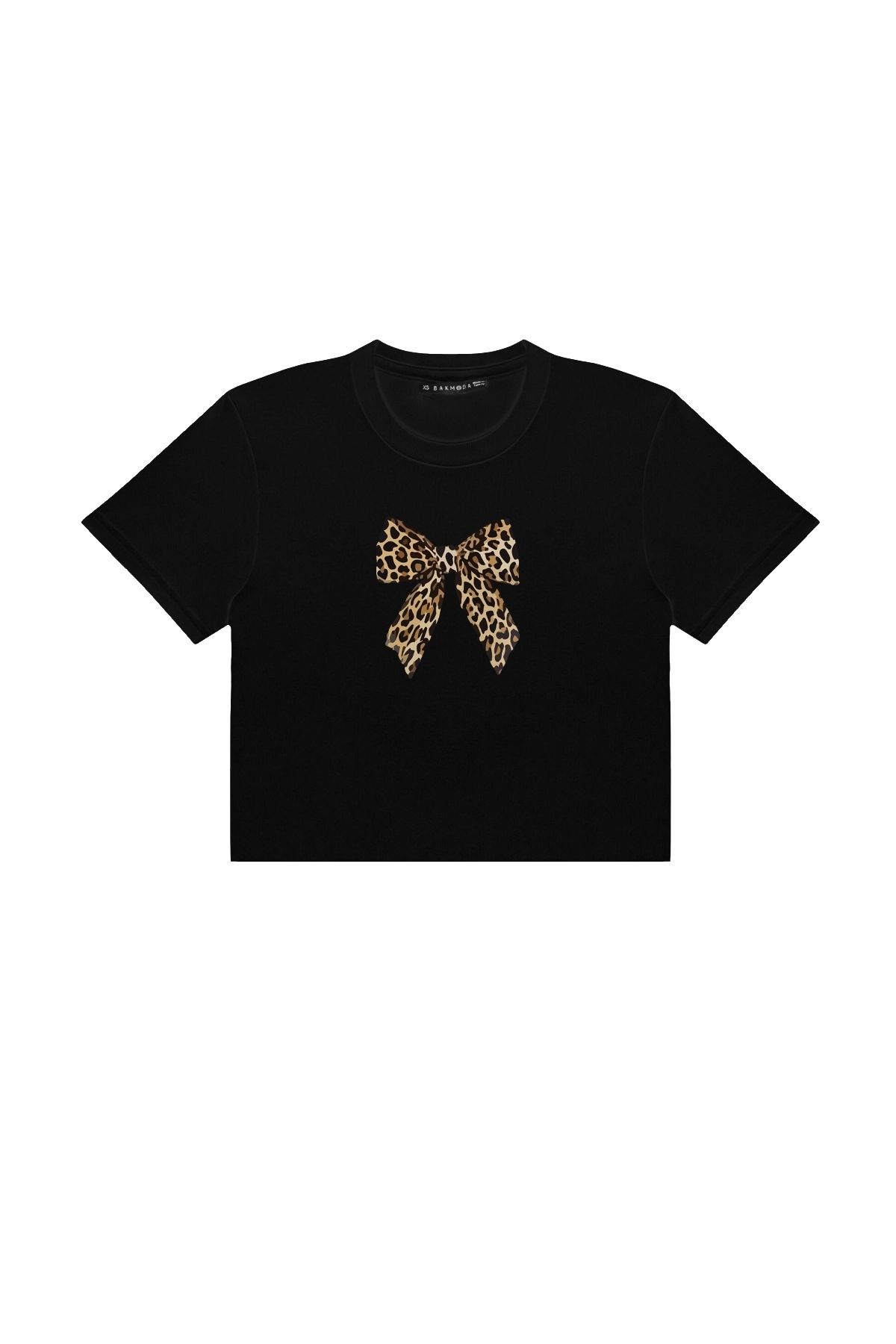 Bak Moda Fiyonk Leopar Baskılı Siyah Crop Top