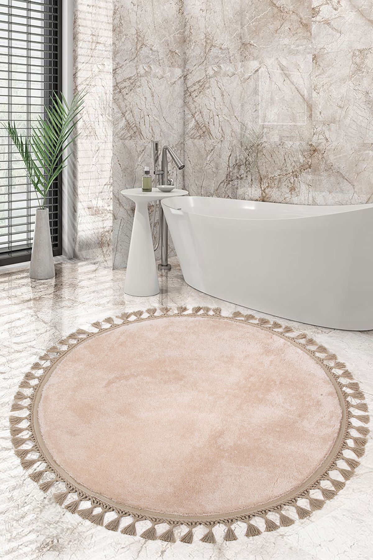 AVANTAJ Relax Vizon Büyük Yuvarlak (150x150 cm) Ponpon Saçaklı Banyo Paspası Kaymaz Makinede Yıkanabilir