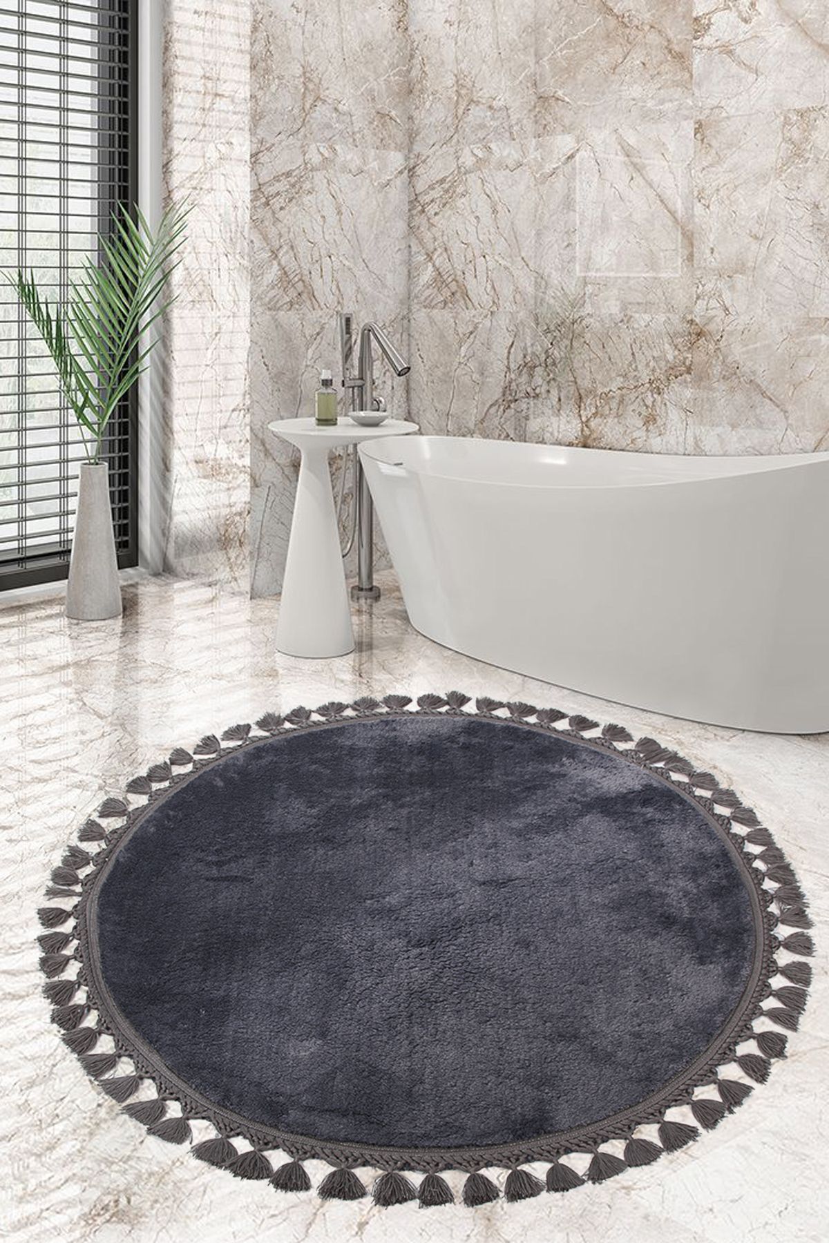 AVANTAJ Relax Antrasit (100x100 cm) Yuvarlak  Ponpon Saçaklı Banyo Paspası Kaymaz Tabanlı Yıkanabilir