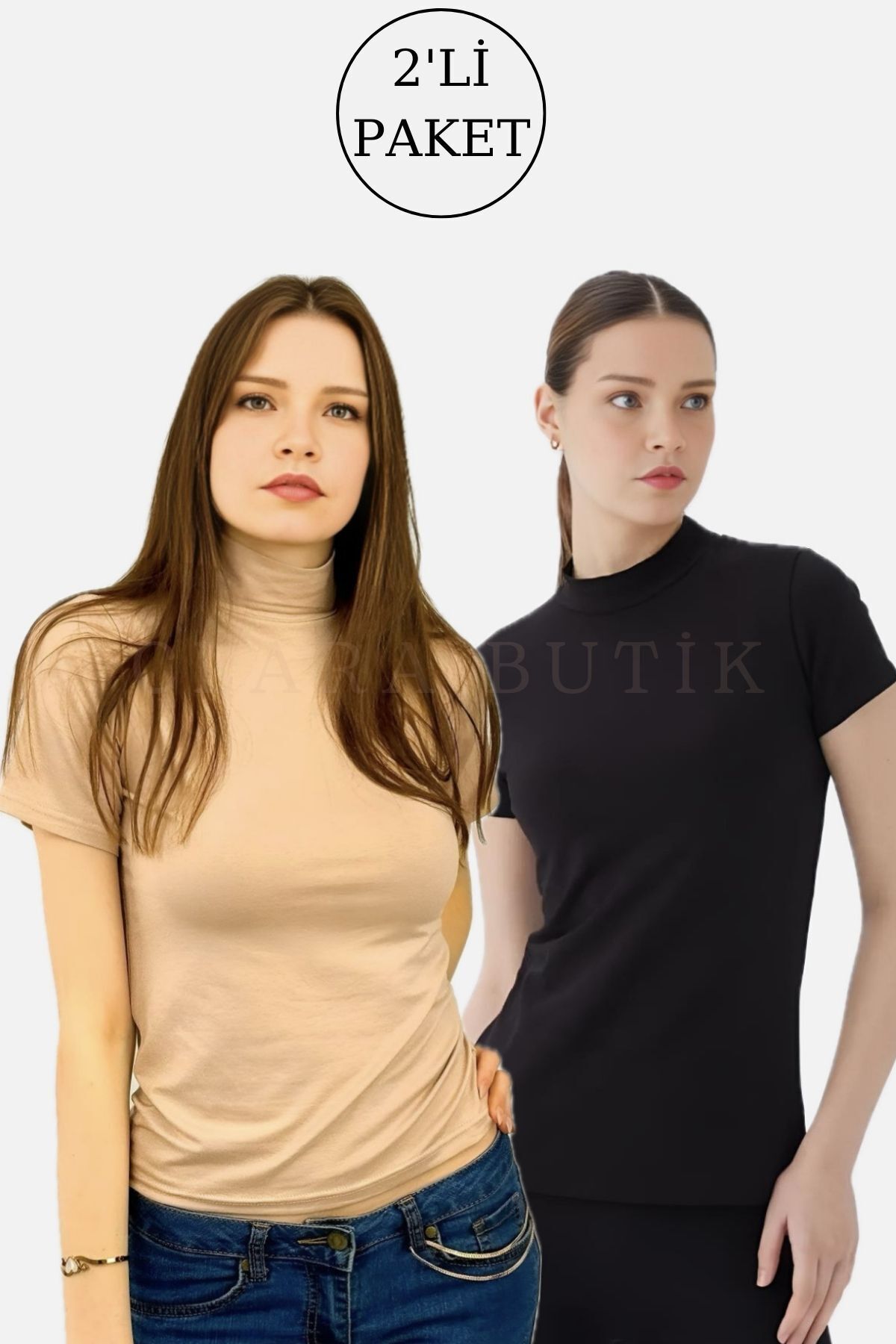 Lunamiratto Balıkçı Kısa Kol Pamuklu Body Bej-Siyah Yarım Balıkçı Body Boğazlı Tişört T-shirt