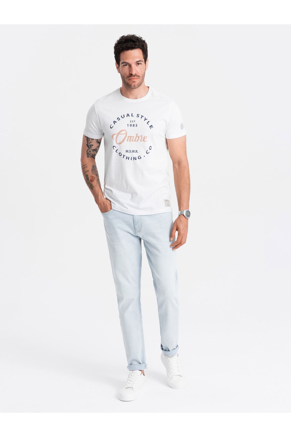 OMBRE-Ombre Casual Style pánské tričko s potiskem - bílé V1 OM-TSPT-0144 S 4