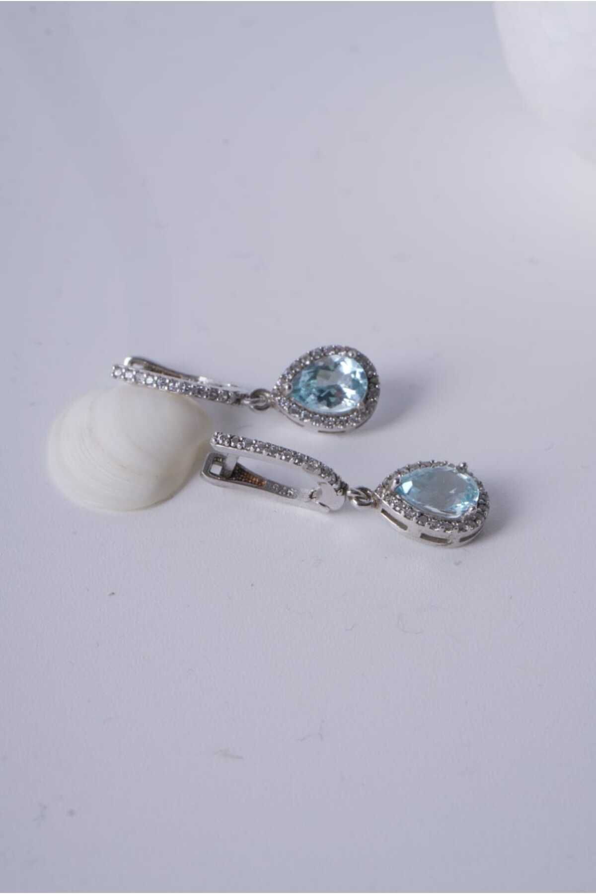 Aksesuaring 7*9mm Aquamarine Damla Gümüş Küpe