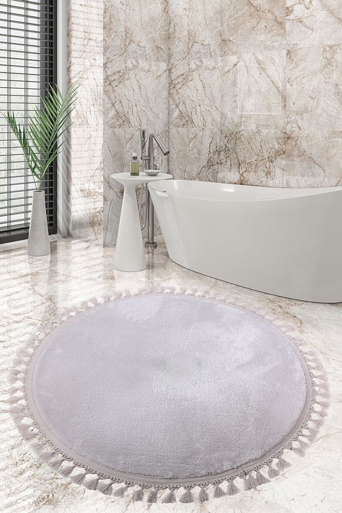 AVANTAJ Relax Gri (100x100 cm) Yuvarlak  Ponpon Saçaklı Banyo Paspası Kaymaz Tabanlı Makinede Yıkanabilir