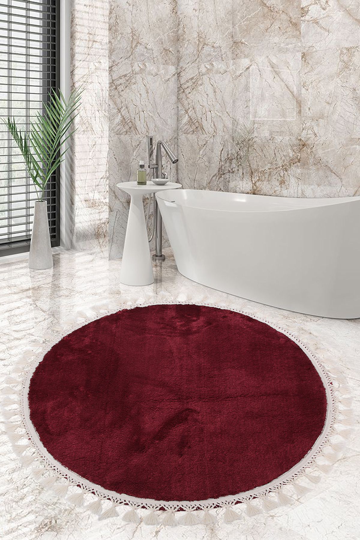 AVANTAJ Relax Mürdüm (120x120 cm) Yuvarlak Ponpon Saçaklı Banyo Paspası Kaymaz Taban Makinede Yıkanabilir