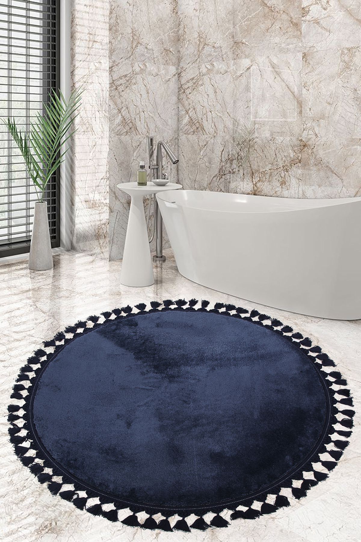 AVANTAJ Relax Lacivert Büyük Yuvarlak (150x150 cm) Ponpon Saçaklı Banyo Paspası Kaymaz Makinede Yıkanabilir