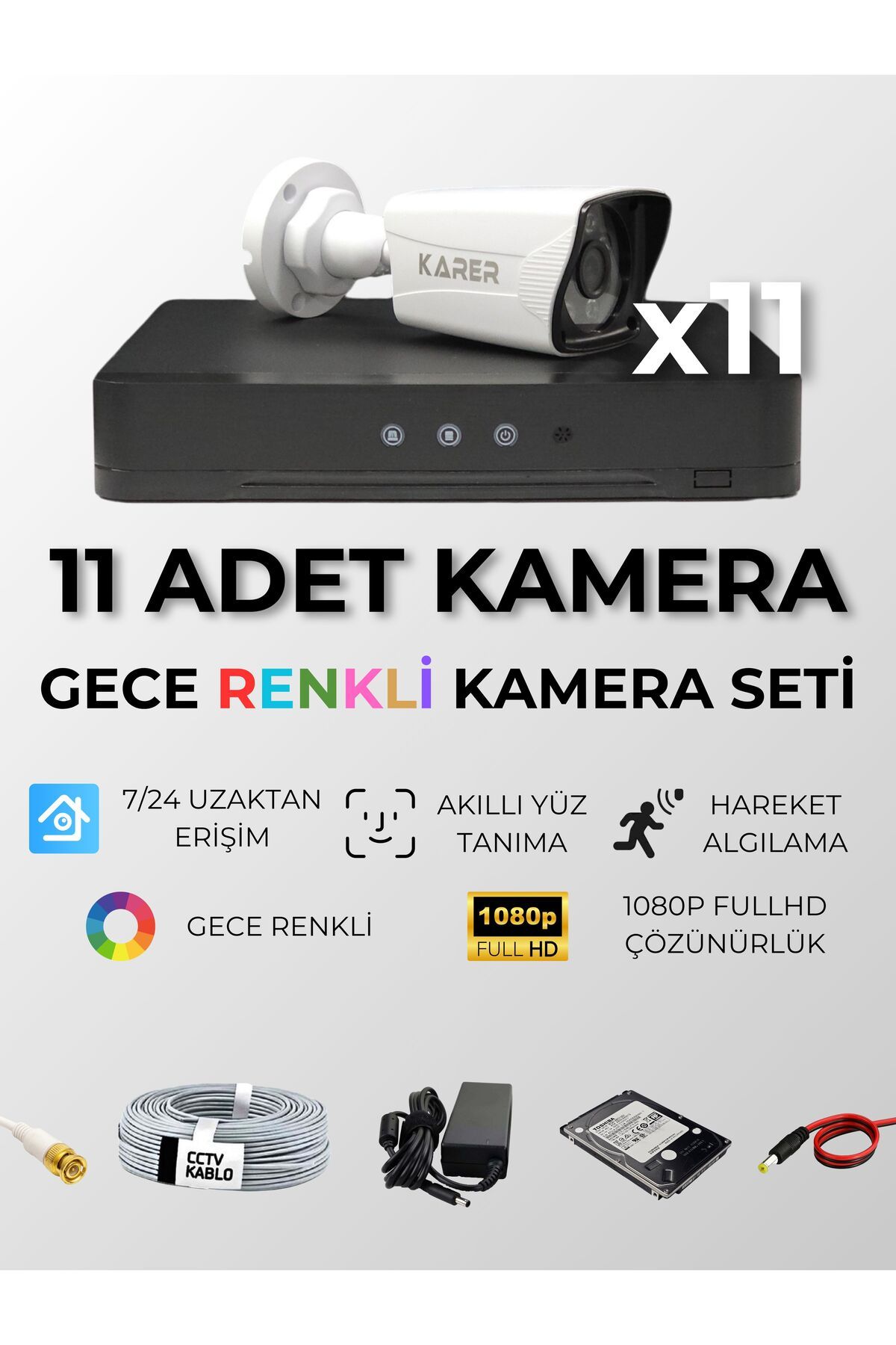 KARER 11'li Her Şey Dahil Tak Çalıştır Set - 5mp Lensli, Gece Renkli, Yüz Tanıma, Hareket Algılama