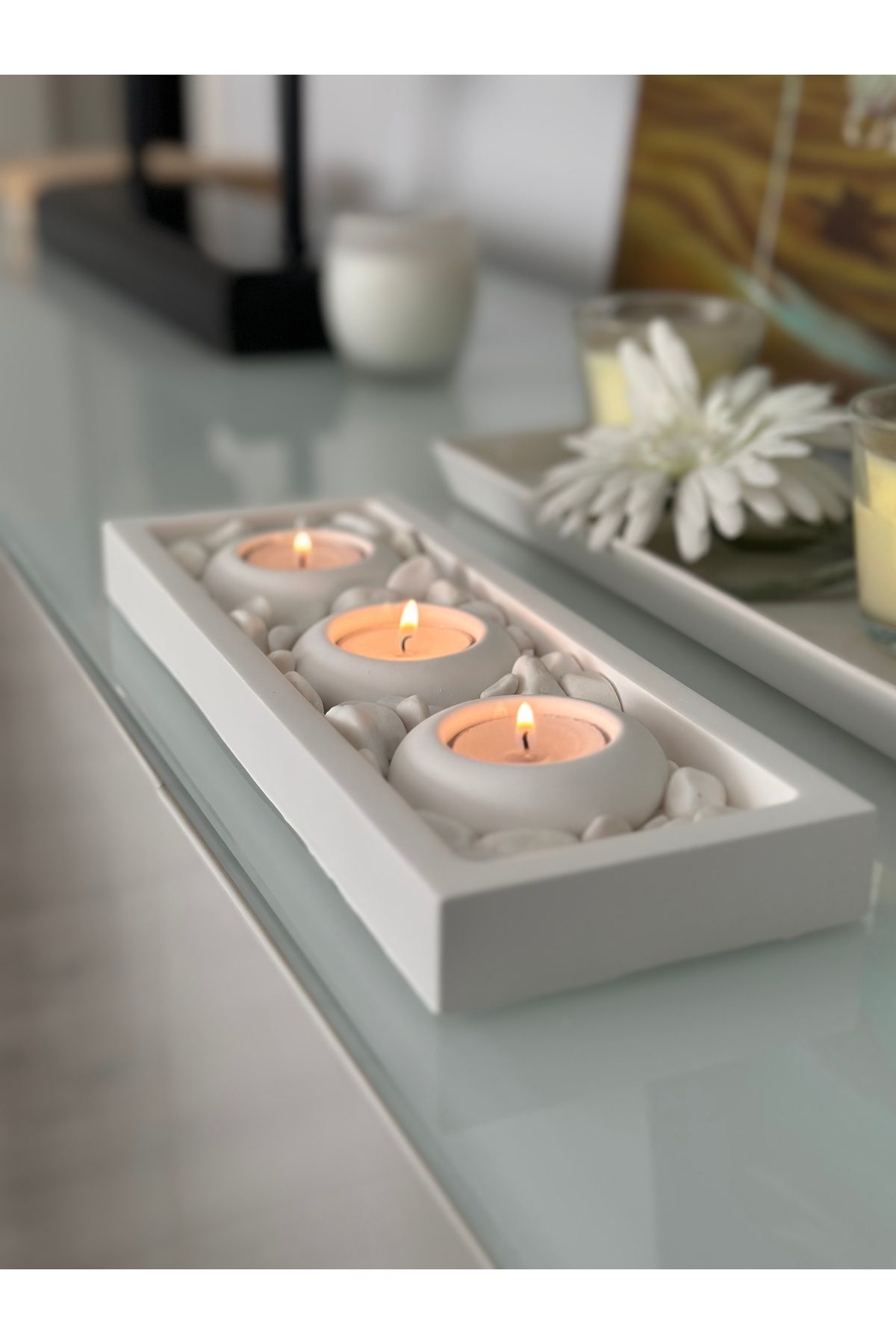 Edosco Muma Dolomit Taşlı Tabaklı Beton Tealight Mumluk (Mumlar ve Taşlar Dahildir)