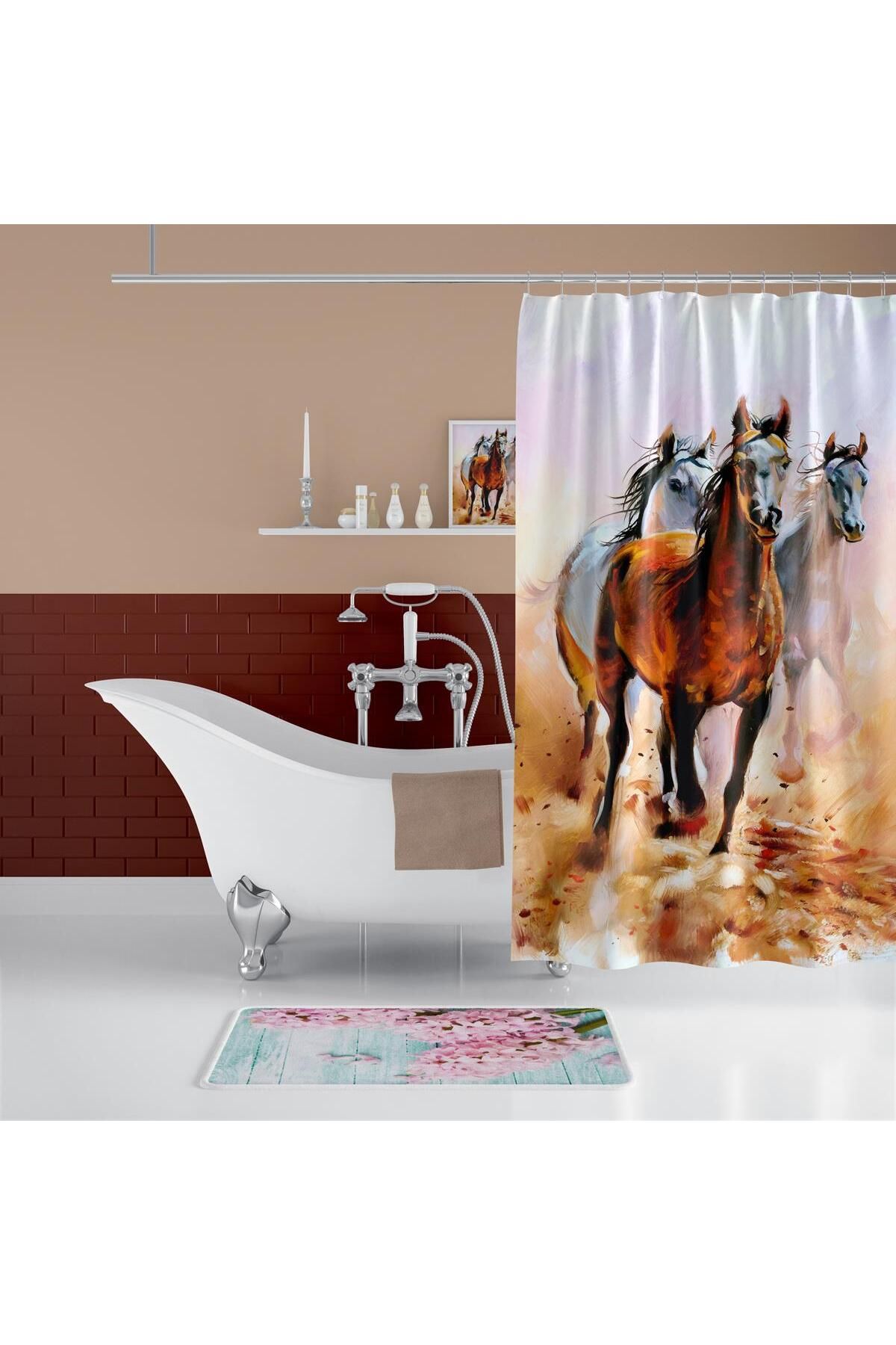 Zethome Banyo Paspas Ve Tek Kanat Duş Perdesi 1x180x200 Set Banyo Halısı Horses