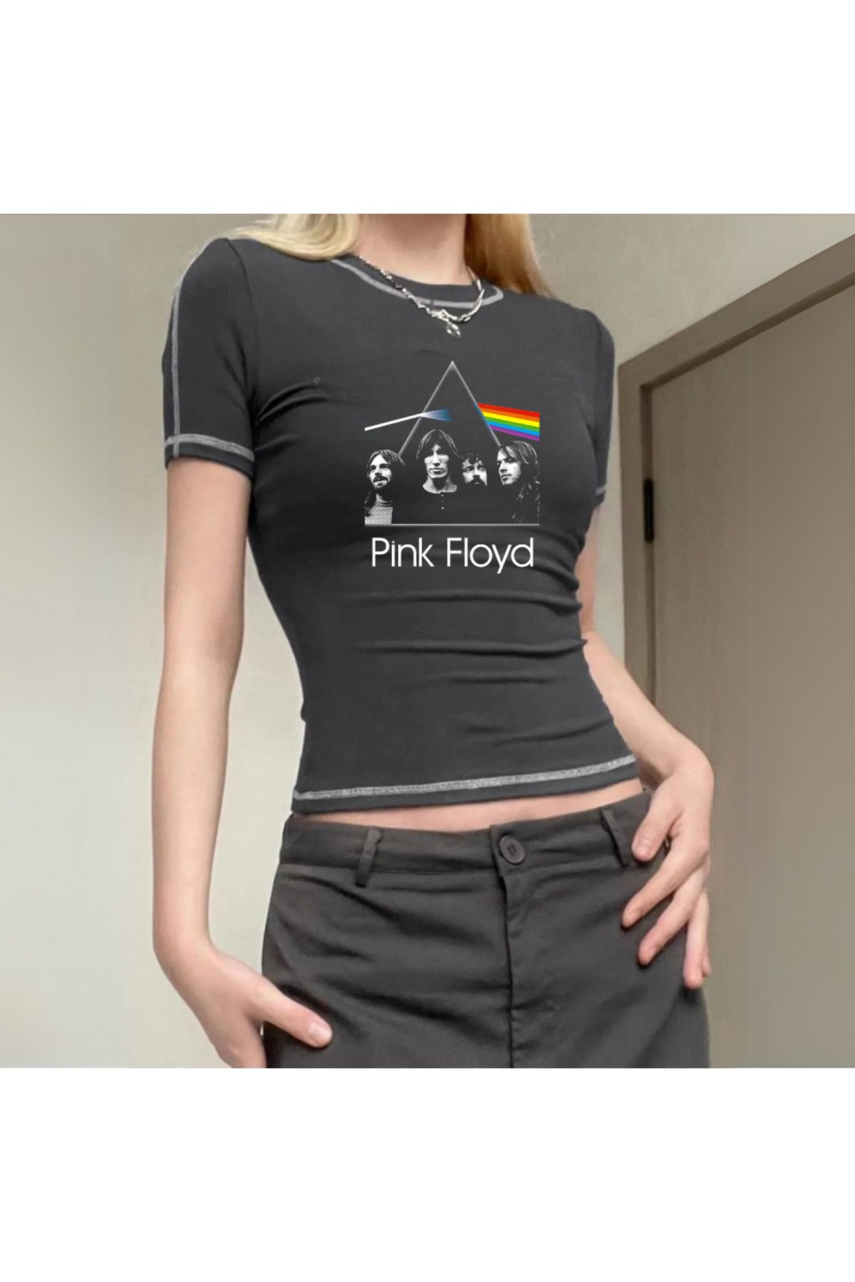 DEEFWEAR Stillex Rock Serisi Pink Floyd Antrasit Crop Bluz