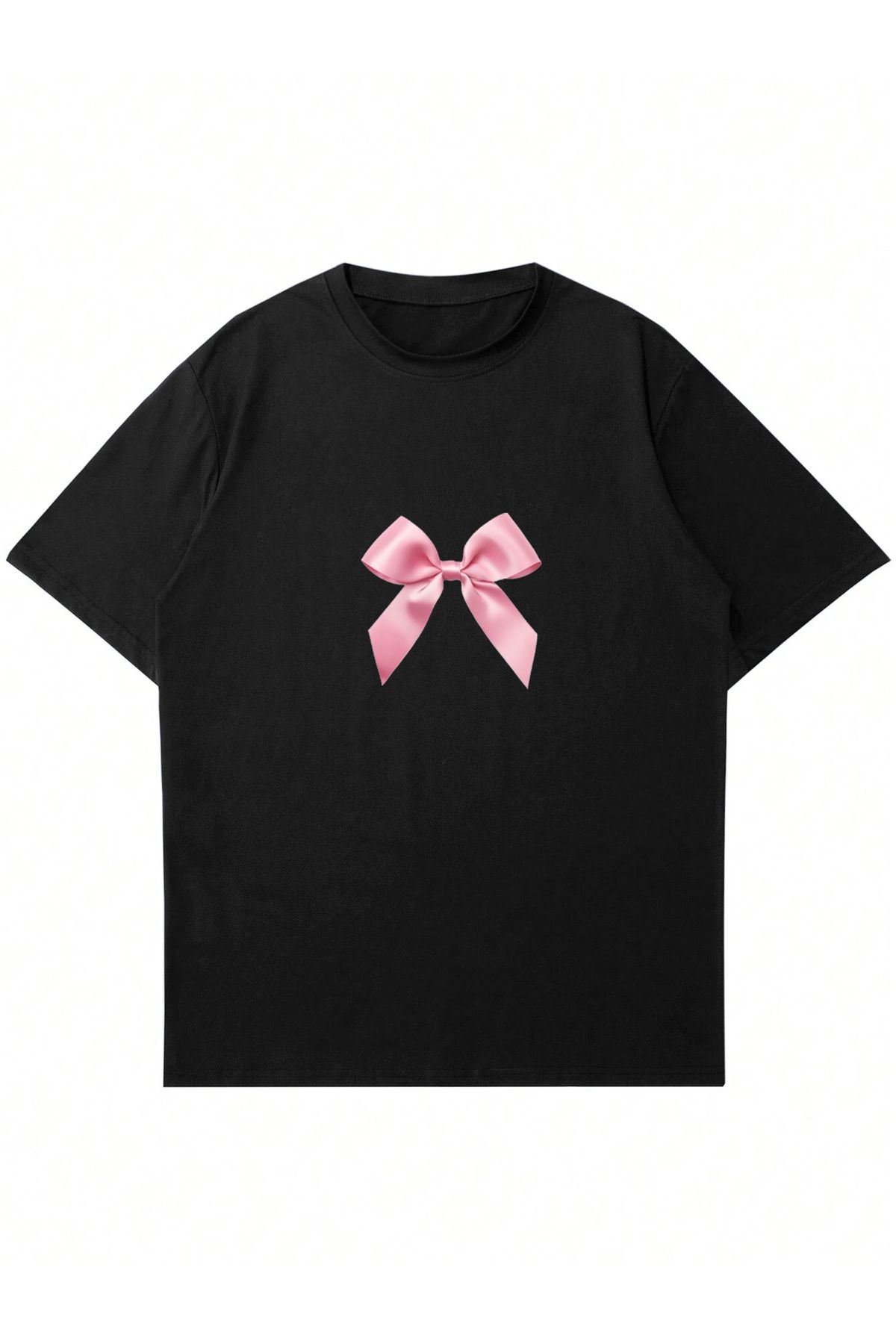 Mad&Calf-Women's Pink Ribbon Printed Crew Neck Oversize Tshirt 1