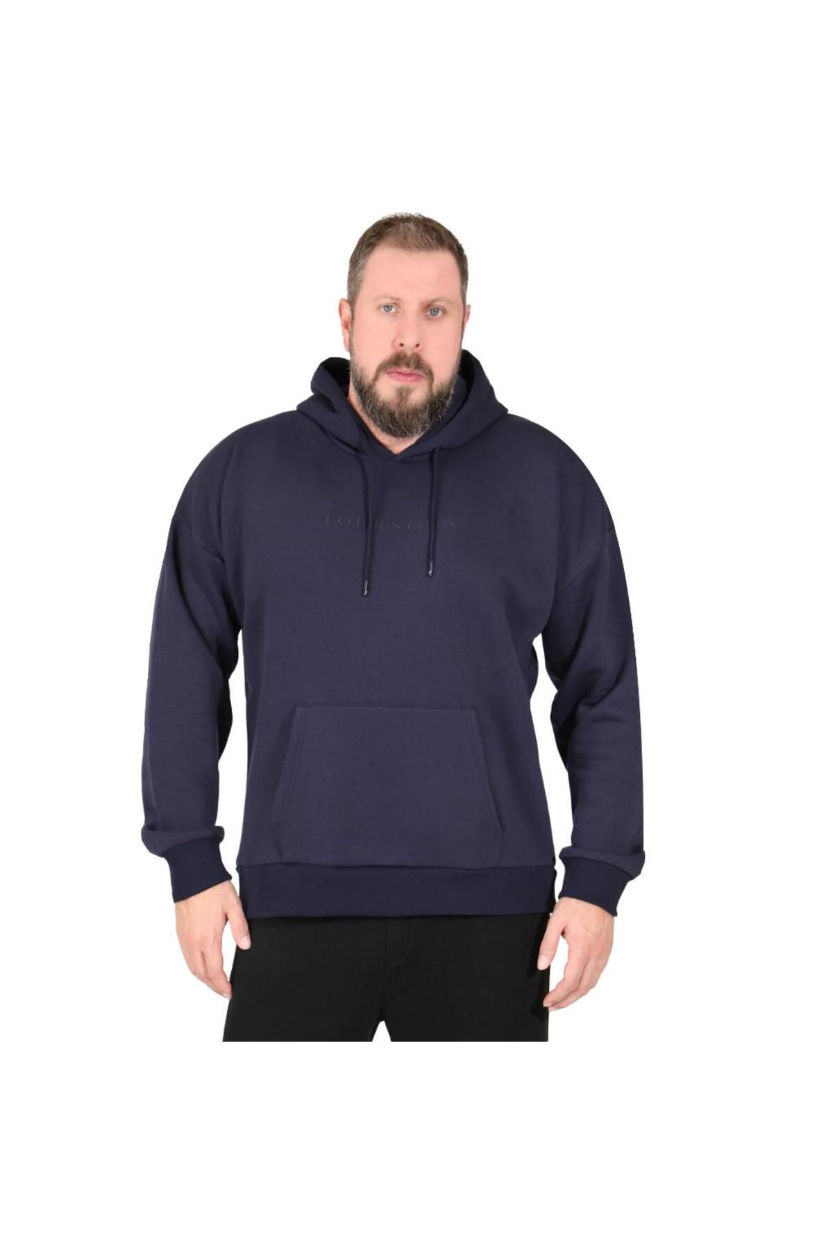 FOURSOLOS Lacivert Erkek Hoodie, Kanguru Cepli, Kapüşonlu, 3 İplik Kumaş