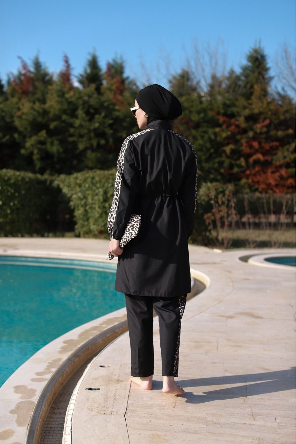 dilber fashion-Leopard Pattern Hijab Swimsuit with Bone and Bag Gift, Elastic Waist and Zipper 5
