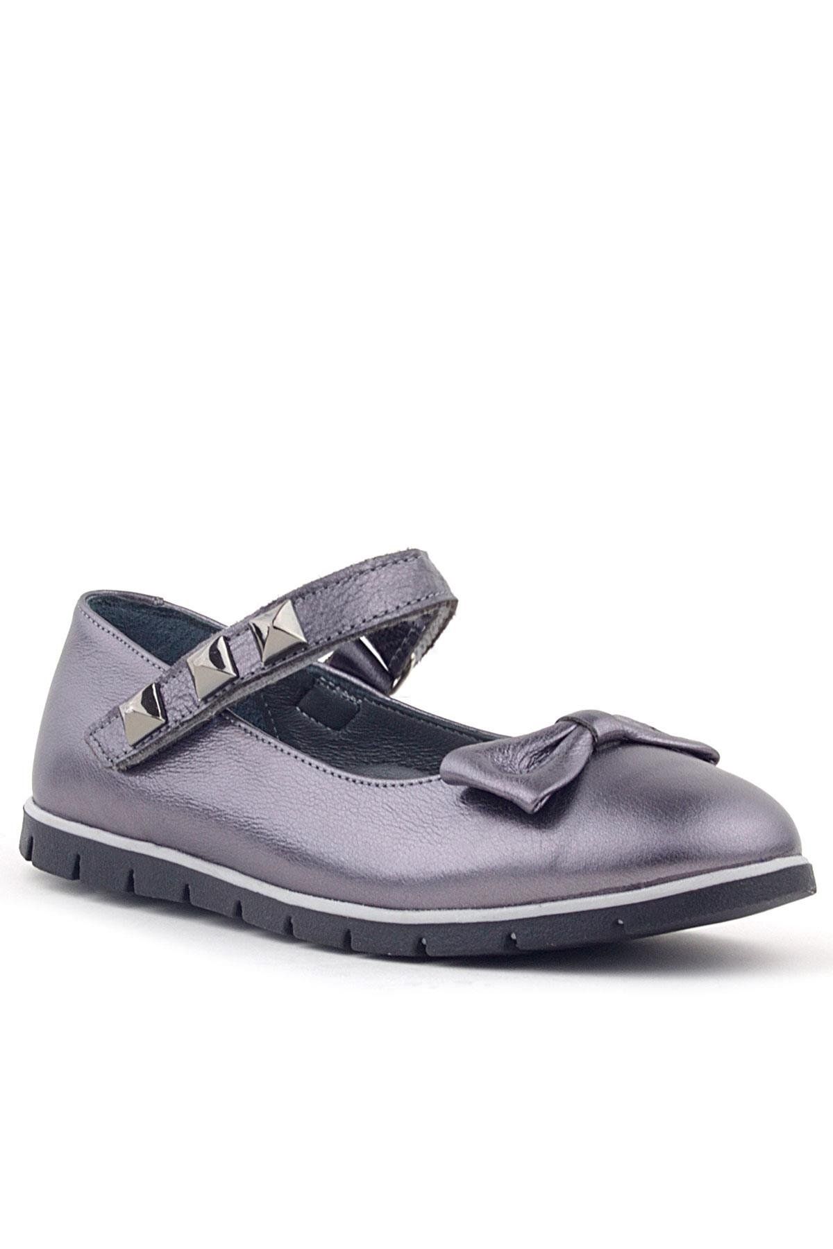 Rakerplus-Genuine Leather Platinum Velcro Metal Detailed Girls' Ballerina Shoes 1