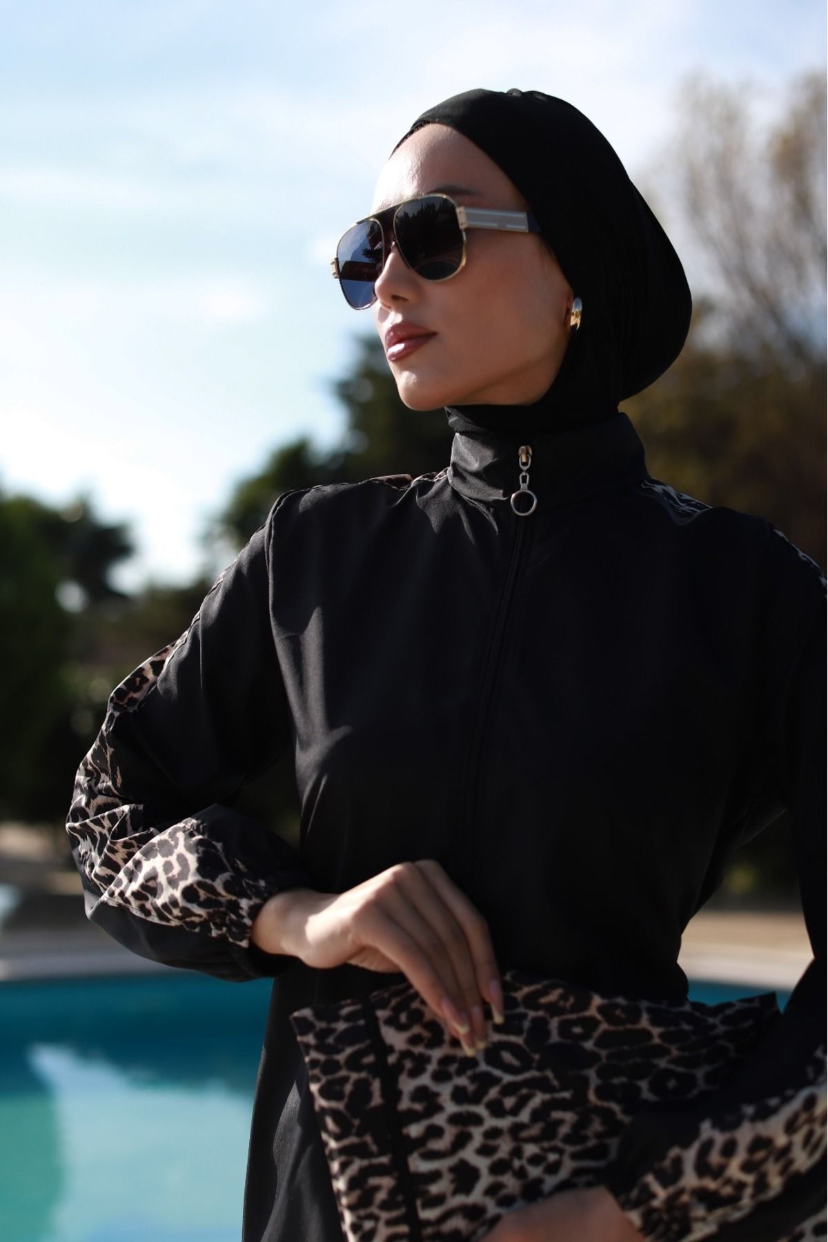 dilber fashion-Leopard Pattern Hijab Swimsuit with Bone and Bag Gift, Elastic Waist and Zipper 8