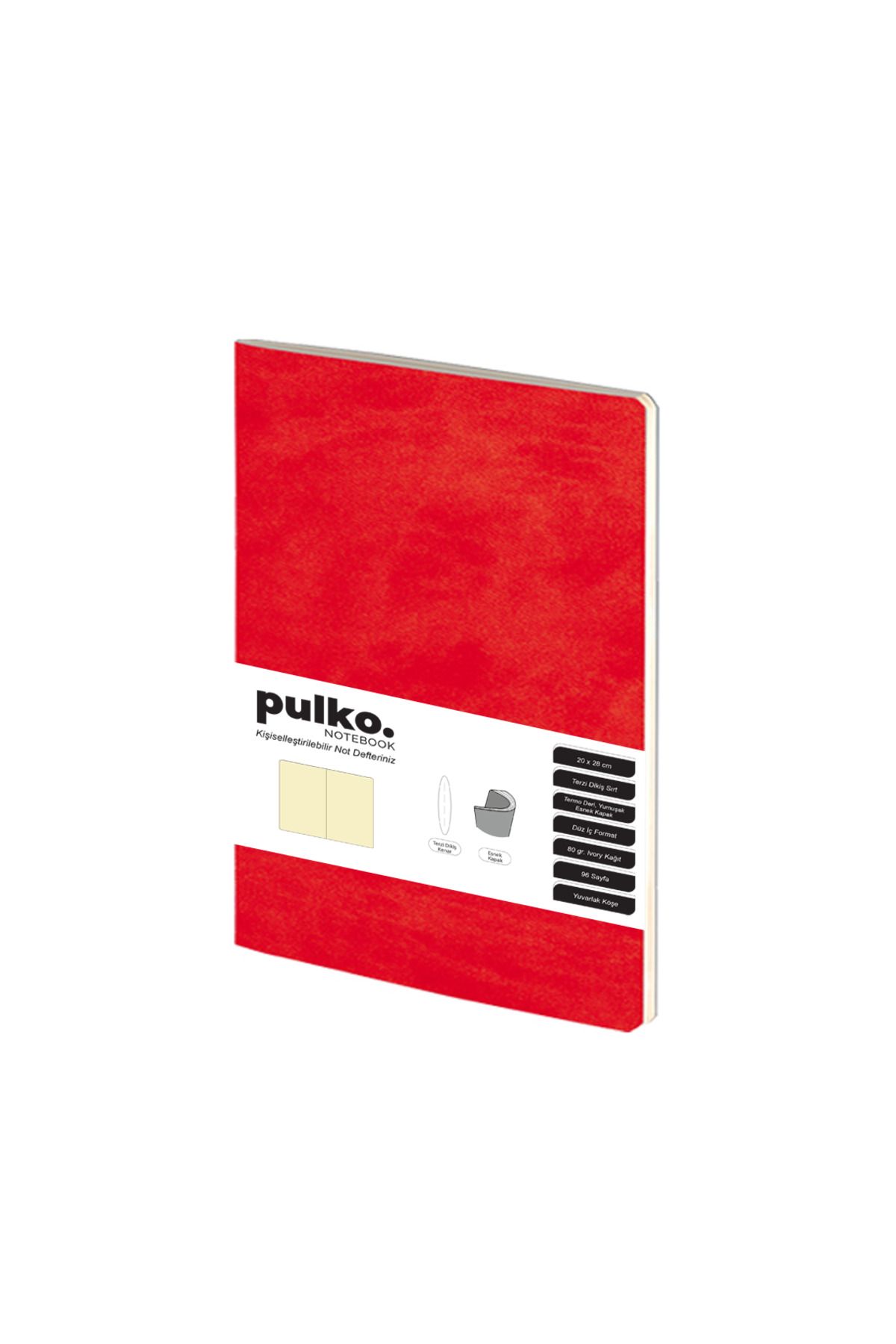 PULKO Notebook Not Defteri, (20x28cm), Terzi Dikiş, Esnek Kapak, 96 Sayfa, Krem Kağıt, Düz, Kırmızı