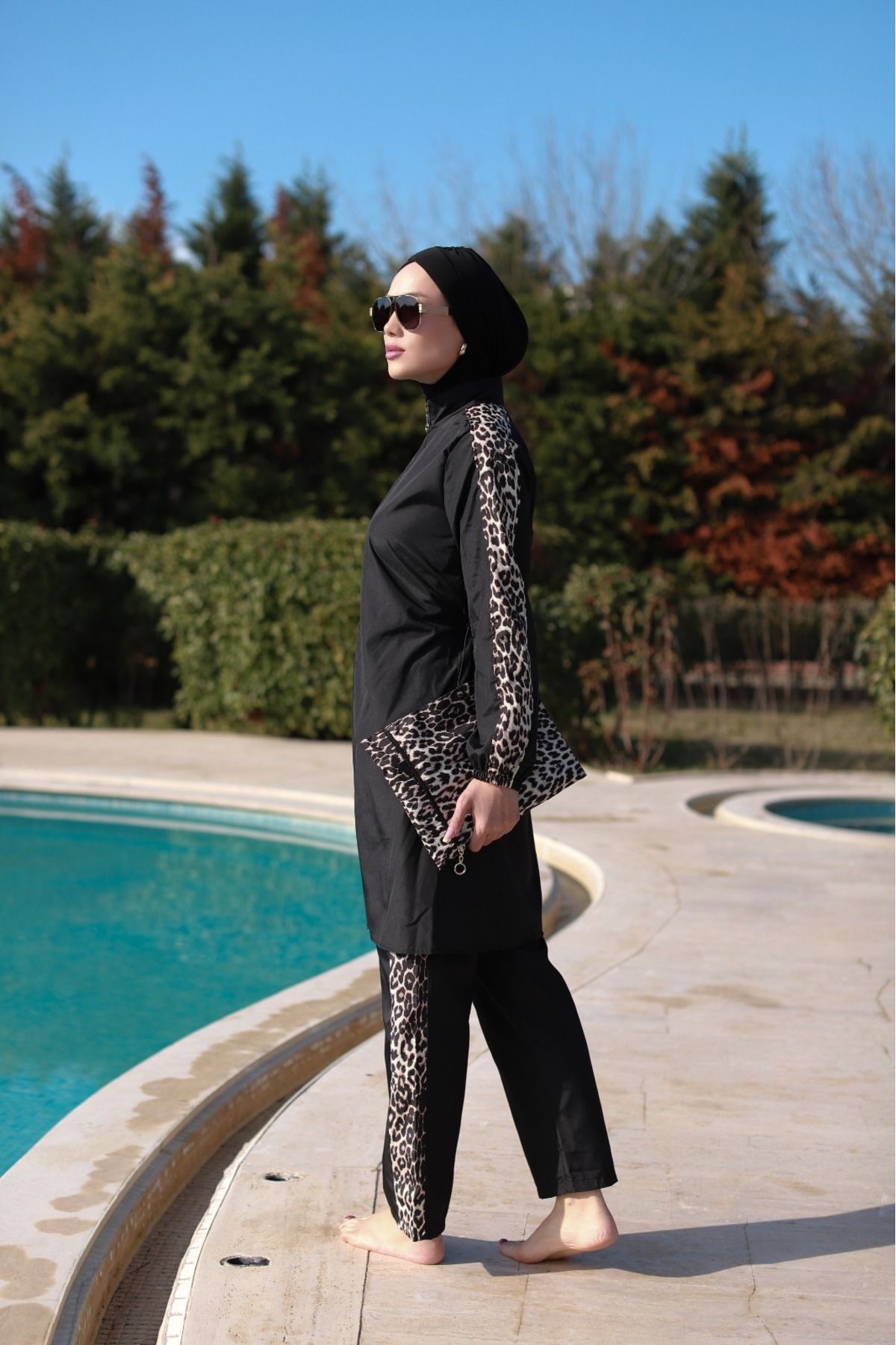 dilber fashion-Leopard Pattern Hijab Swimsuit with Bone and Bag Gift, Elastic Waist and Zipper 6