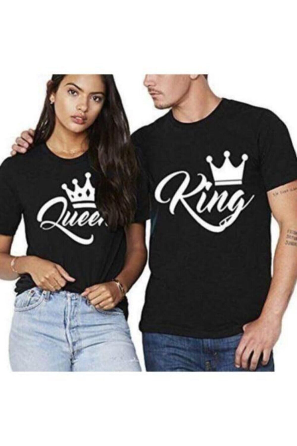 New Shine Unisex Siyah Çiftlere Özel King Queen Baskılı Kombin Sevgili Tişörtleri