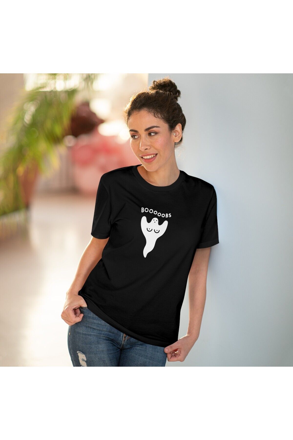 New Shine Unisex Hayalet Boobs Baskılı Gotik Siyah Basic Tshirt