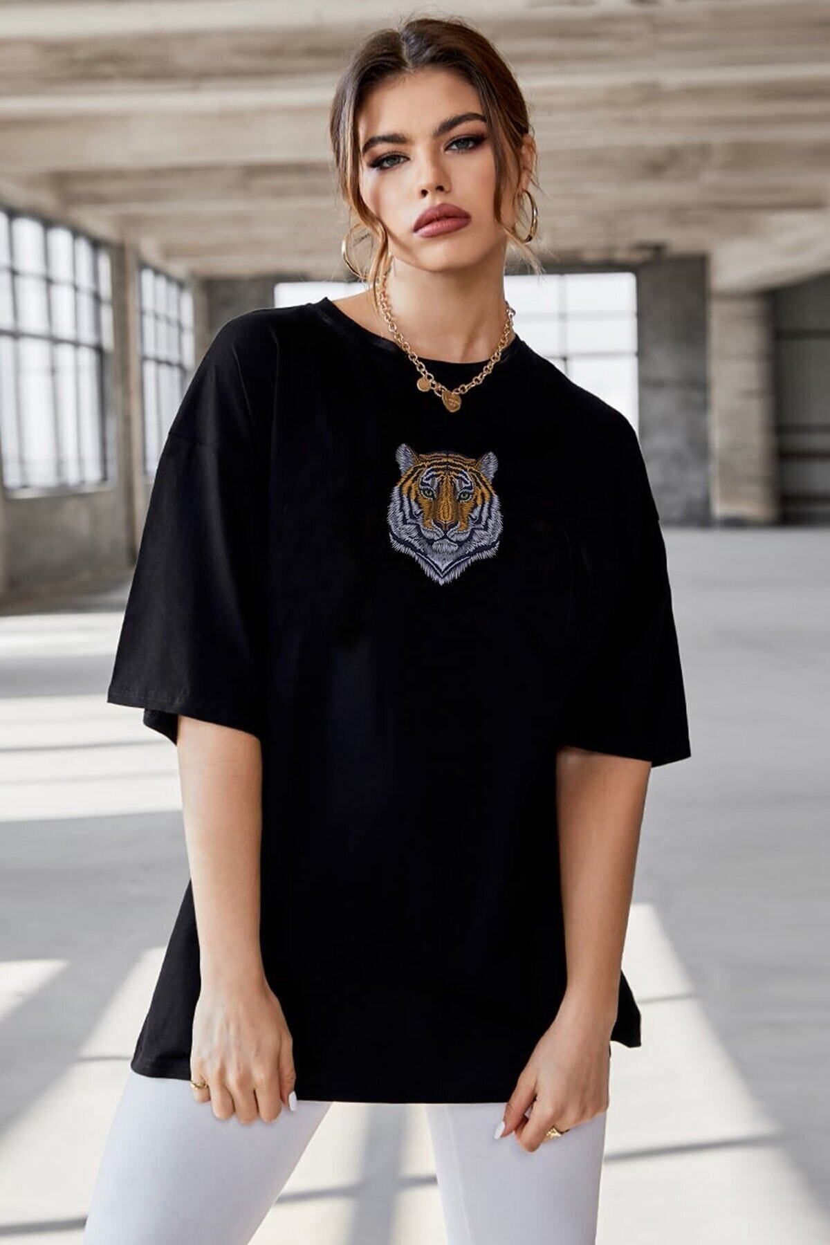 New Shine Azurco Oversize Tiger Baskılı Siyah Tshirt