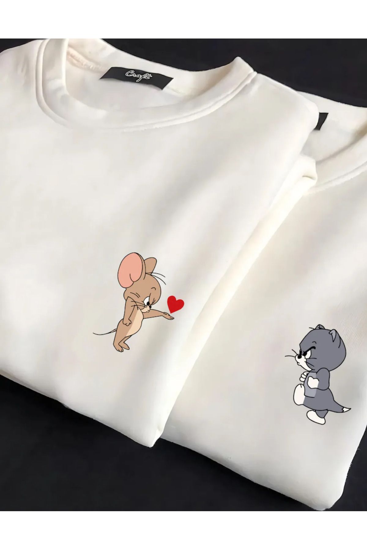 Shoprise Sevgililer Günü Couple Çift Tom ve Jerry Baskılı Beyaz Sweatshirt Sevgili Kombini