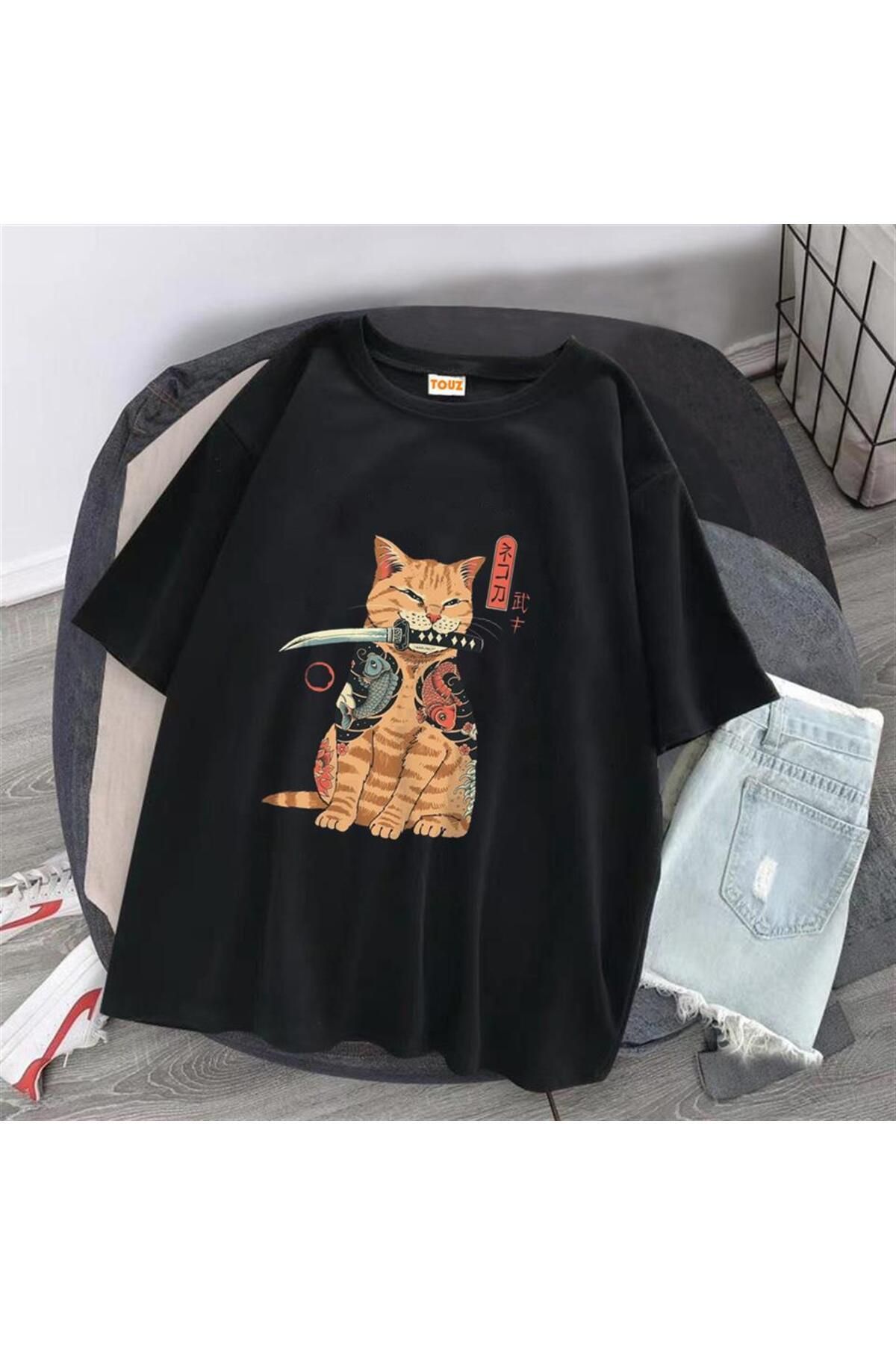 New Shine Killer Cat Baskılı Siyah Unisex Oversize T-shirt