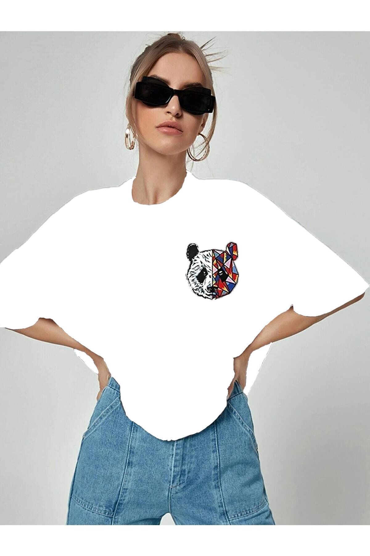 New Shine Kadın Oversize Panda Baskılı Siyah T-shirt