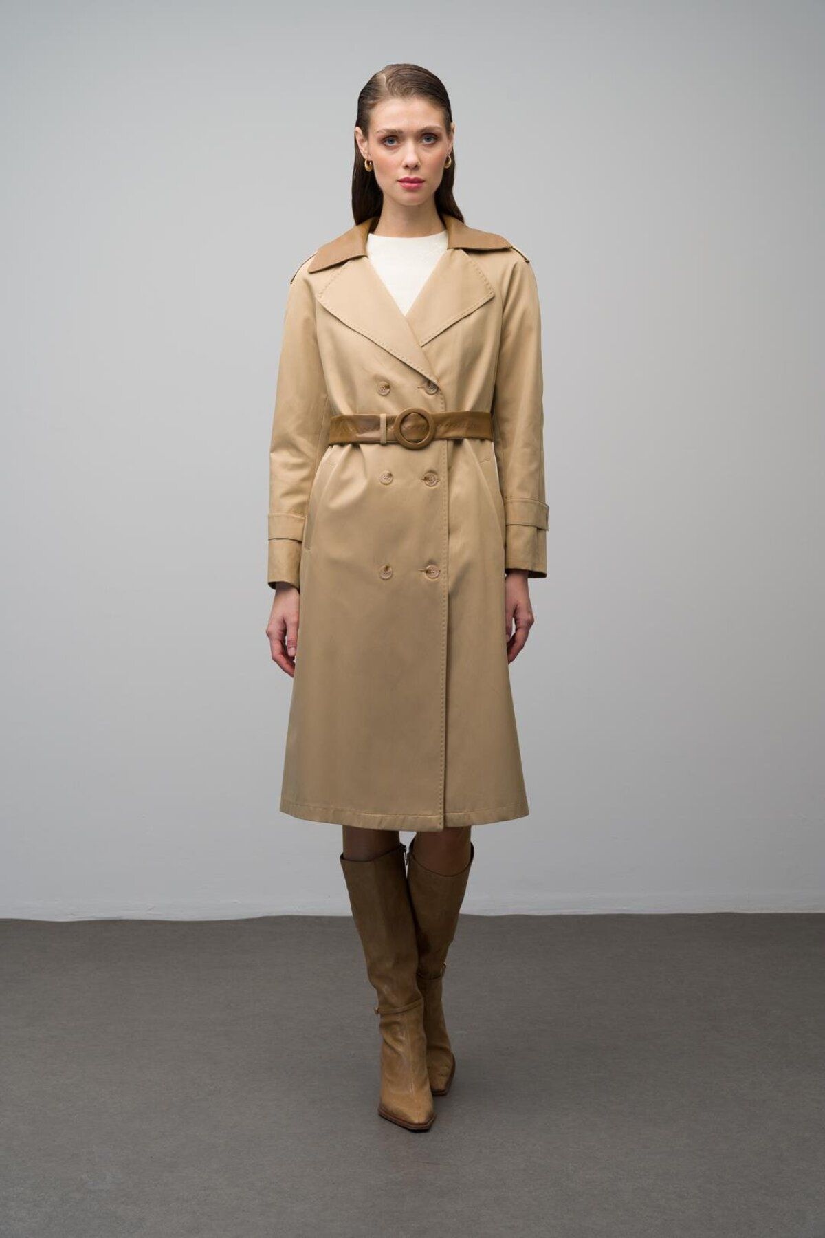 Olcay-Water Repellent Detailed Leather Trench Coat - Kamel 6618 2