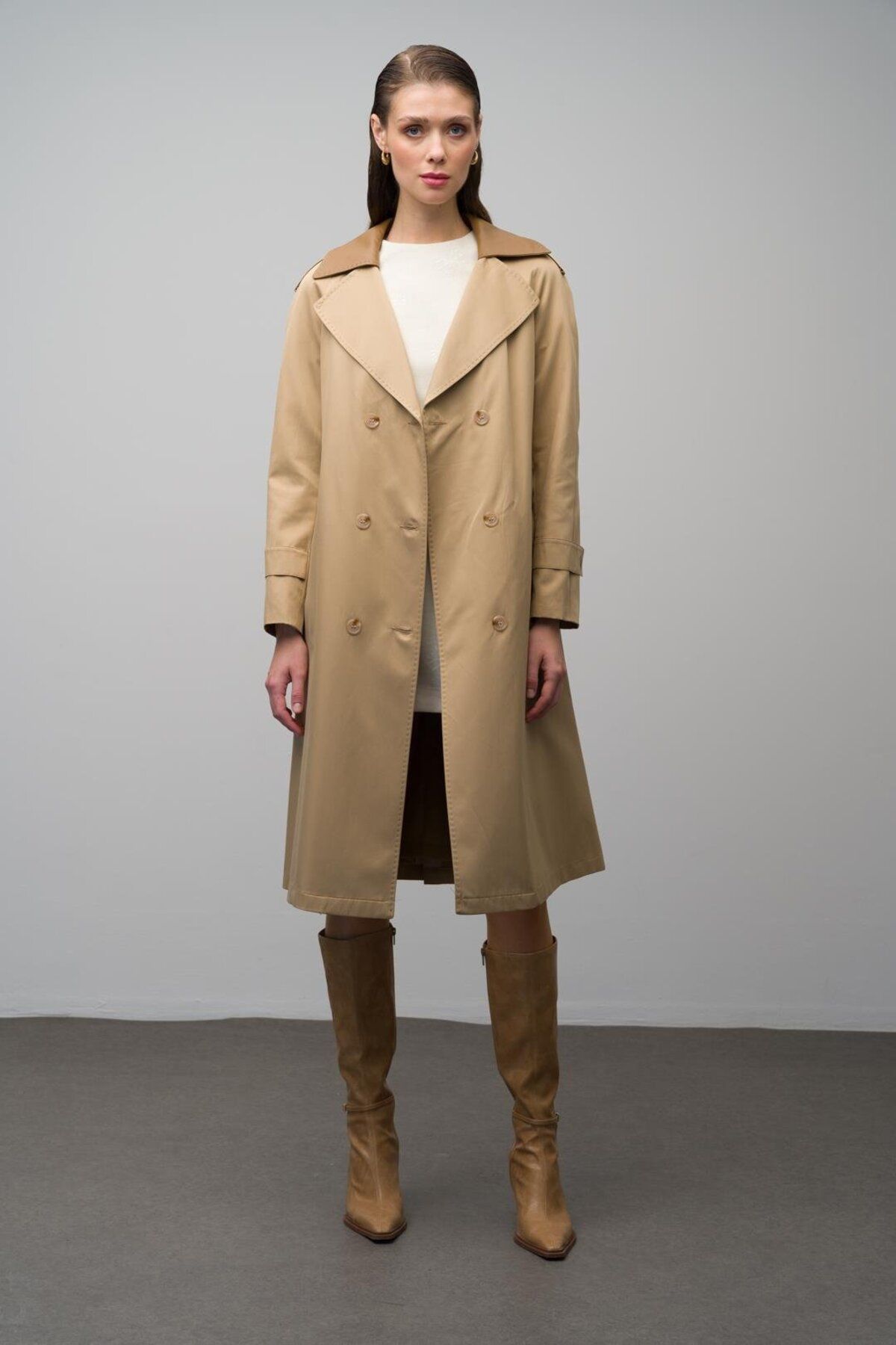 Olcay-Water Repellent Detailed Leather Trench Coat - Kamel 6618 4