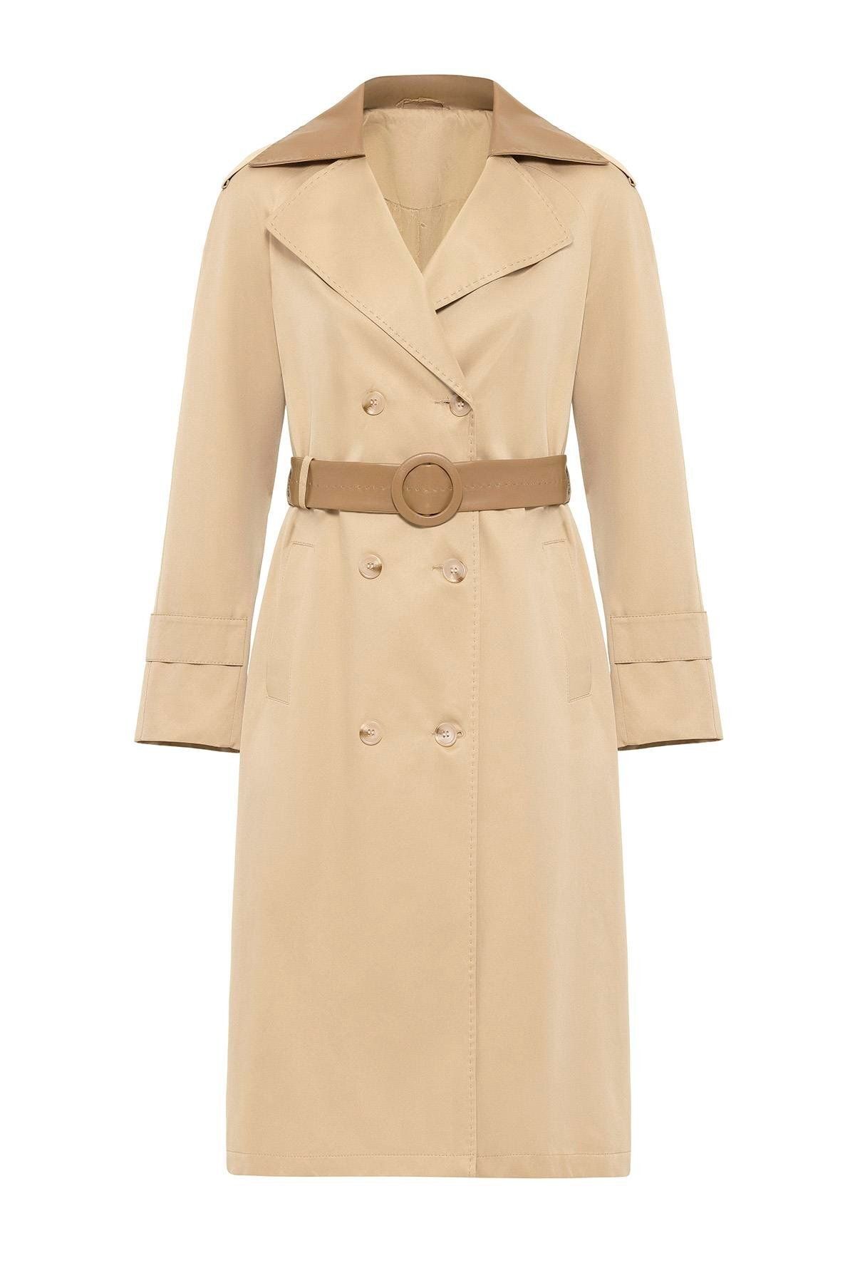 Olcay-Water Repellent Detailed Leather Trench Coat - Kamel 6618 6