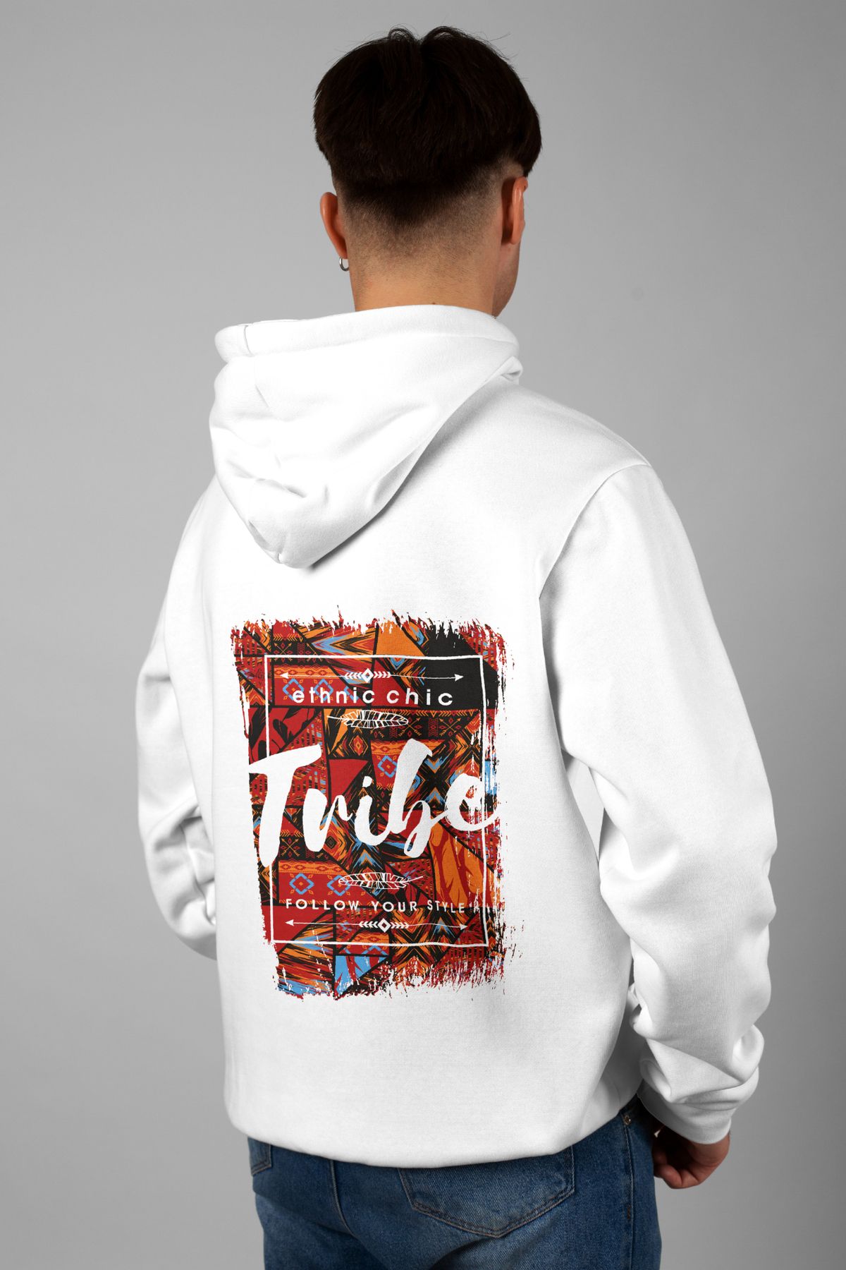 Zestia Unisex Hoodie, Ethnic Chic Sırt Baskılı, Regular,%100 Pamuk, Beyaz Renk Kapşonlu No: 0265