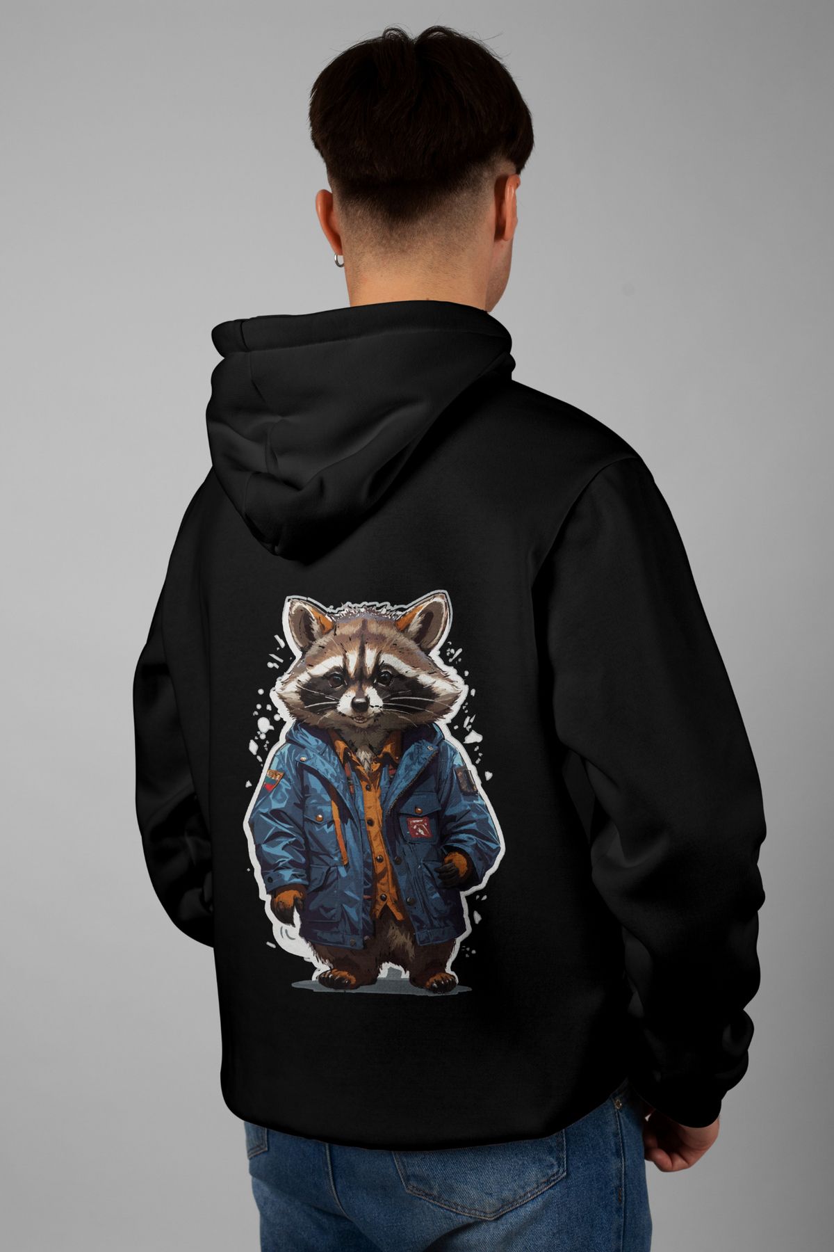 Zestia Unisex Hoodie, Rakun Sırt Baskılı, Regular,%100 Pamuk, Siyah Renk Kapşonlu No: 0050