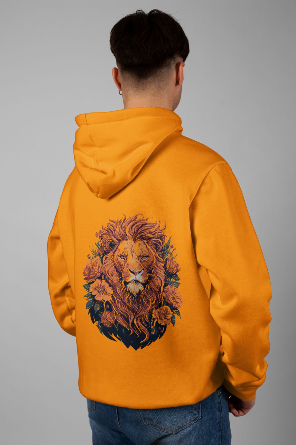 Zestia Unisex Hoodie, Aslan Sırt Baskılı, Regular,%100 Pamuk, Turuncu Renk Kapşonlu No: 0018