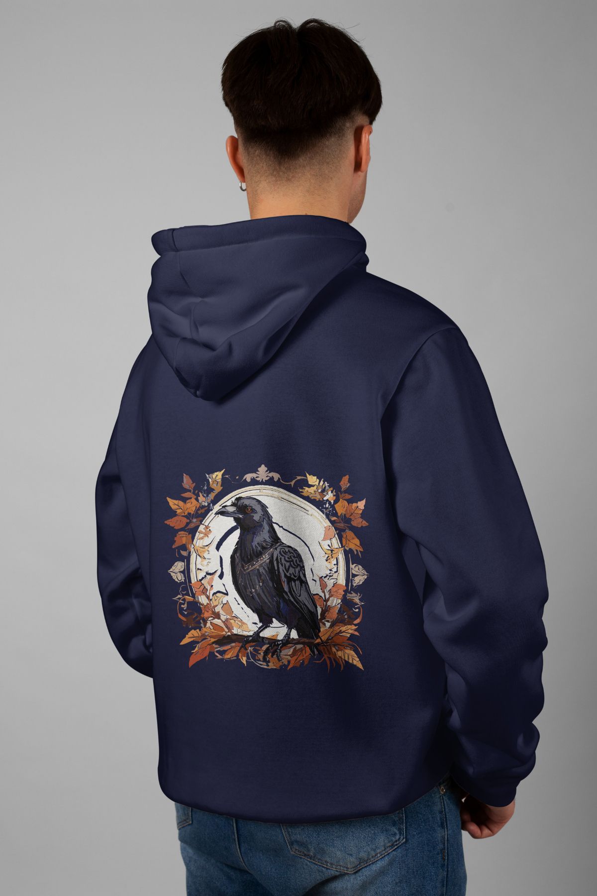 Zestia Unisex Hoodie, Karga Sırt Baskılı, Regular,%100 Pamuk, Lacivert Renk Kapşonlu No: 0014