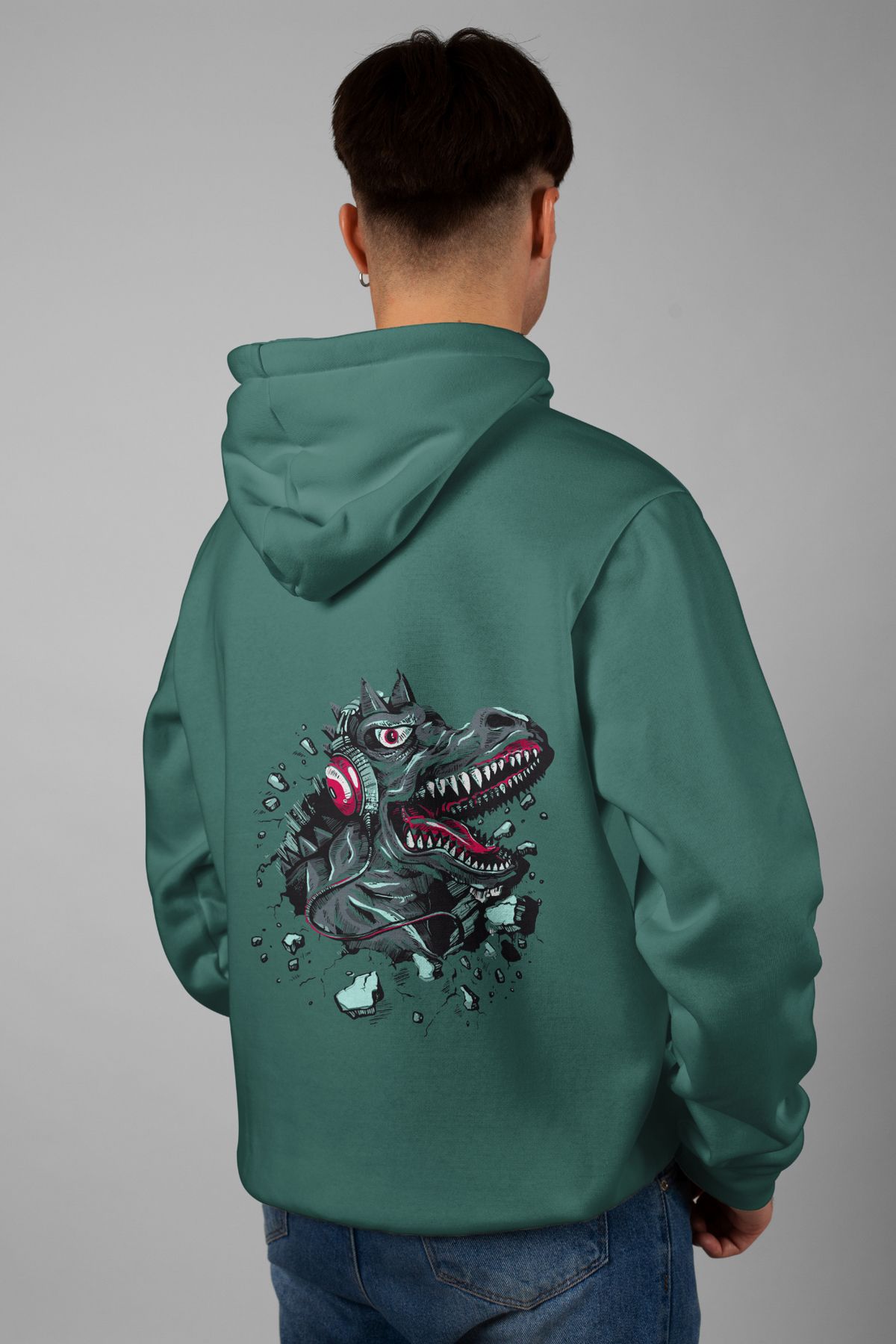 Zestia Unisex Hoodie, Dinazor Sırt Baskılı, Regular,%100 Pamuk, Yeşil Renk Kapşonlu No: 0002