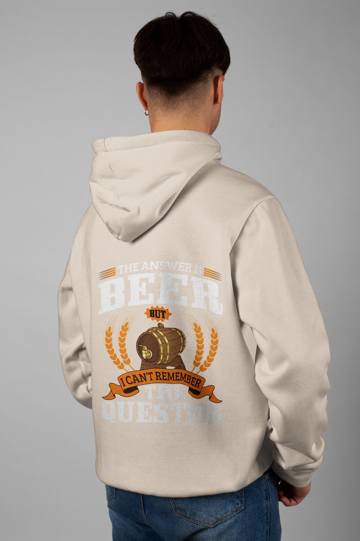 Zestia Unisex Hoodie, The Answer Is Beer Sırt Baskılı, Regular,%100 Pamuk, Krem Renk Kapşonlu No: 0256