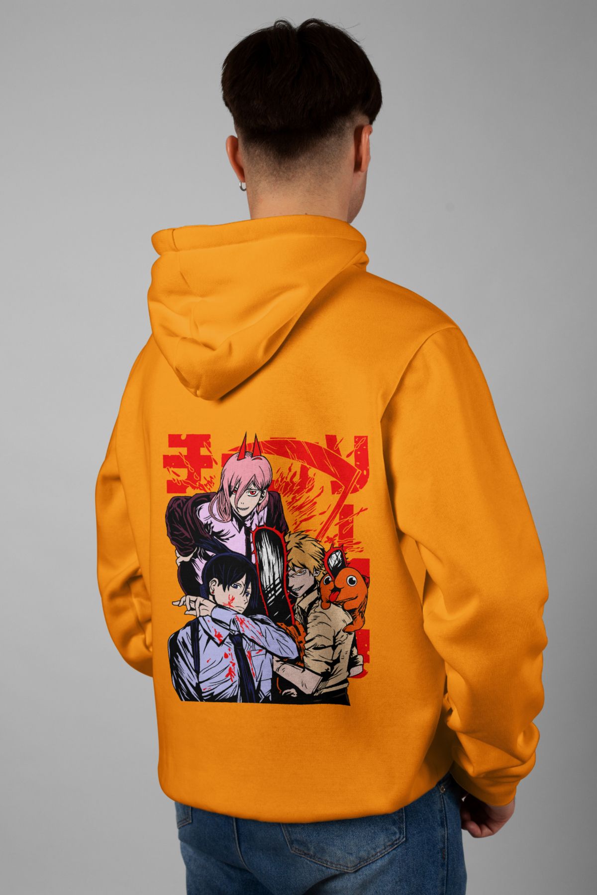 Zestia Unisex Hoodie, aki denji power Sırt Baskılı, Regular,%100 Pamuk, Turuncu Renk Kapşonlu No: 0164