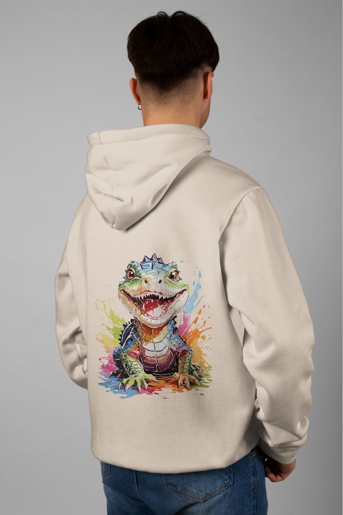 Zestia Unisex Hoodie, Timsah Sırt Baskılı, Regular,%100 Pamuk, Krem Renk Kapşonlu No: 0015