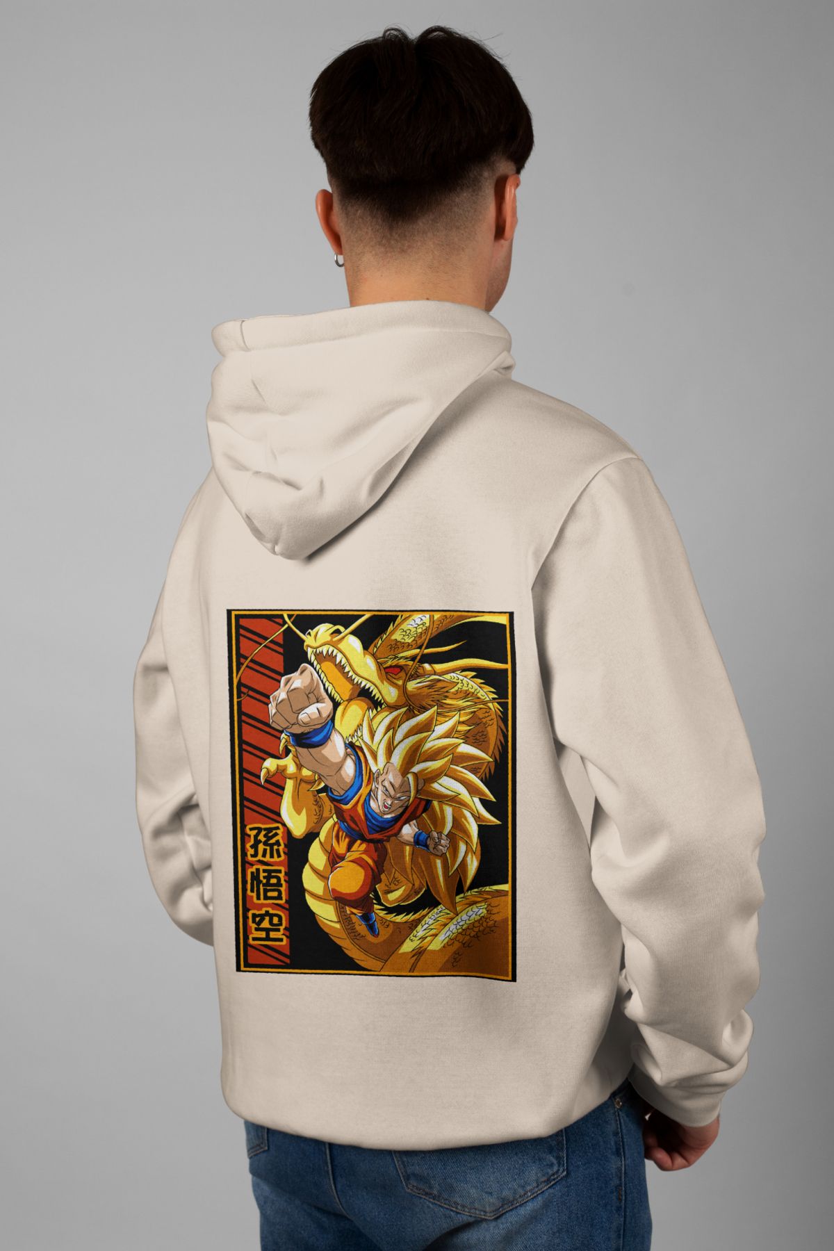 Zestia Unisex Hoodie, Son Goku Sırt Baskılı, Regular,%100 Pamuk, Krem Renk Kapşonlu No: 0126