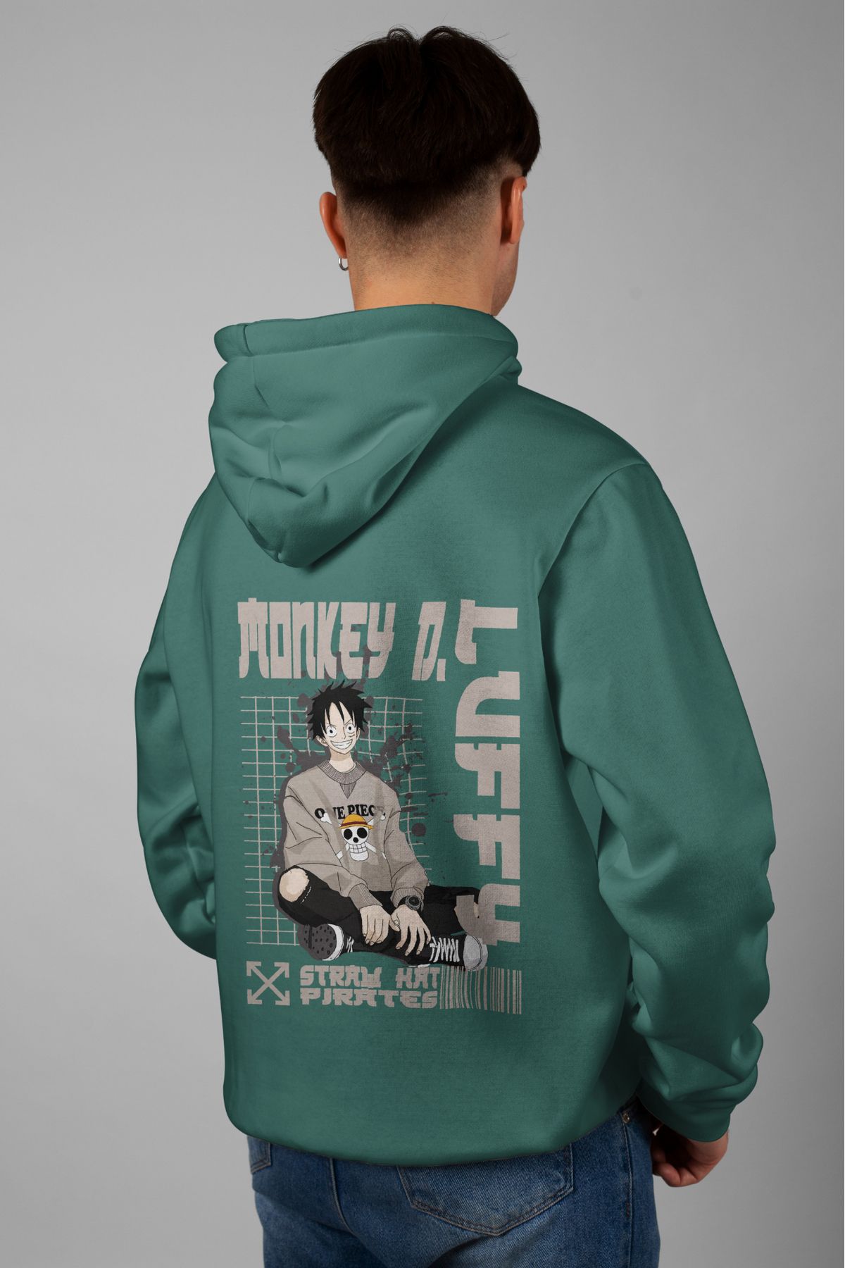 Zestia Unisex Hoodie, Monkey D. Luffy Sırt Baskılı, Regular,%100 Pamuk, Yeşil Renk Kapşonlu No: 0198