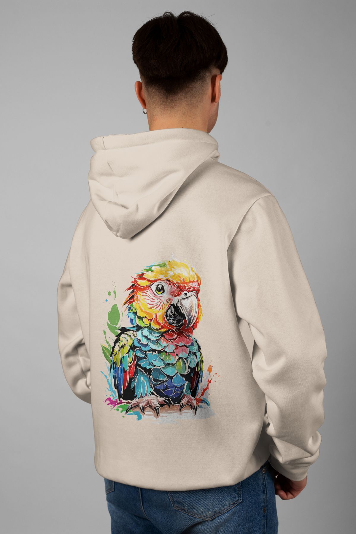 Zestia Unisex Hoodie, Papağan Sırt Baskılı, Regular,%100 Pamuk, Krem Renk Kapşonlu No: 0003