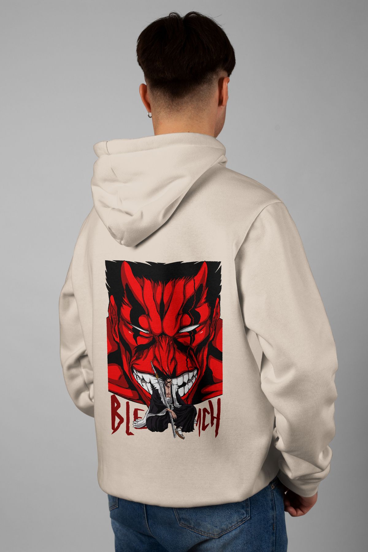 Zestia Unisex Hoodie, Zaraki Bankai Sırt Baskılı, Regular,%100 Pamuk, Krem Renk Kapşonlu No: 0107