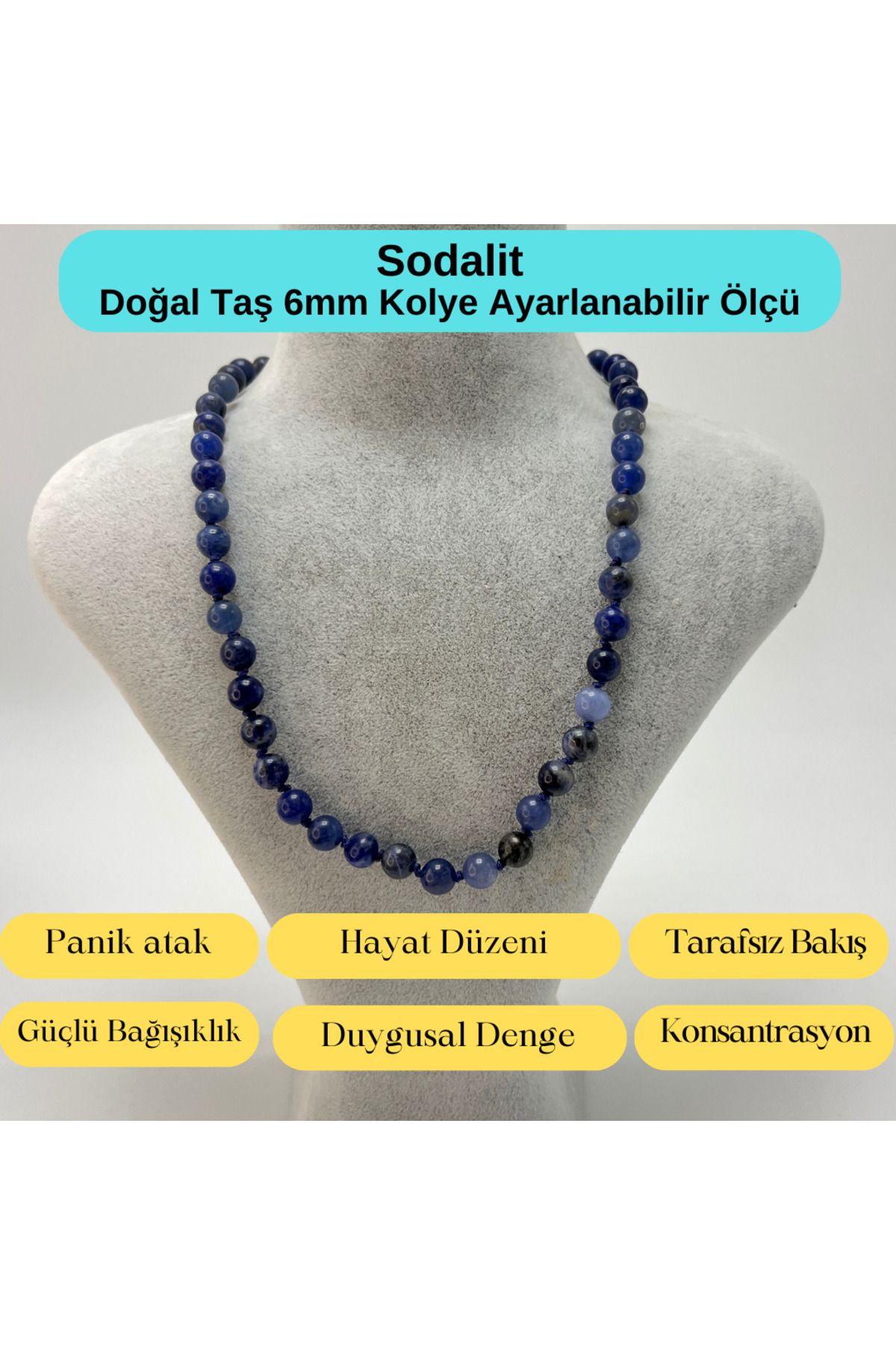 YILDIZ DOĞAL TAŞ SERTİFİKALI Sodalit Doğal Taş 6mm Makrome Kolye 45cm- 55cm Ayarlanabilir Ölçü