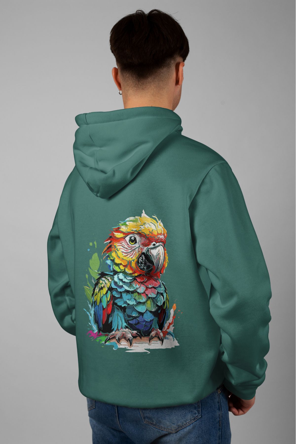 Zestia Unisex Hoodie, Papağan Sırt Baskılı, Regular,%100 Pamuk, Yeşil Renk Kapşonlu No: 0003