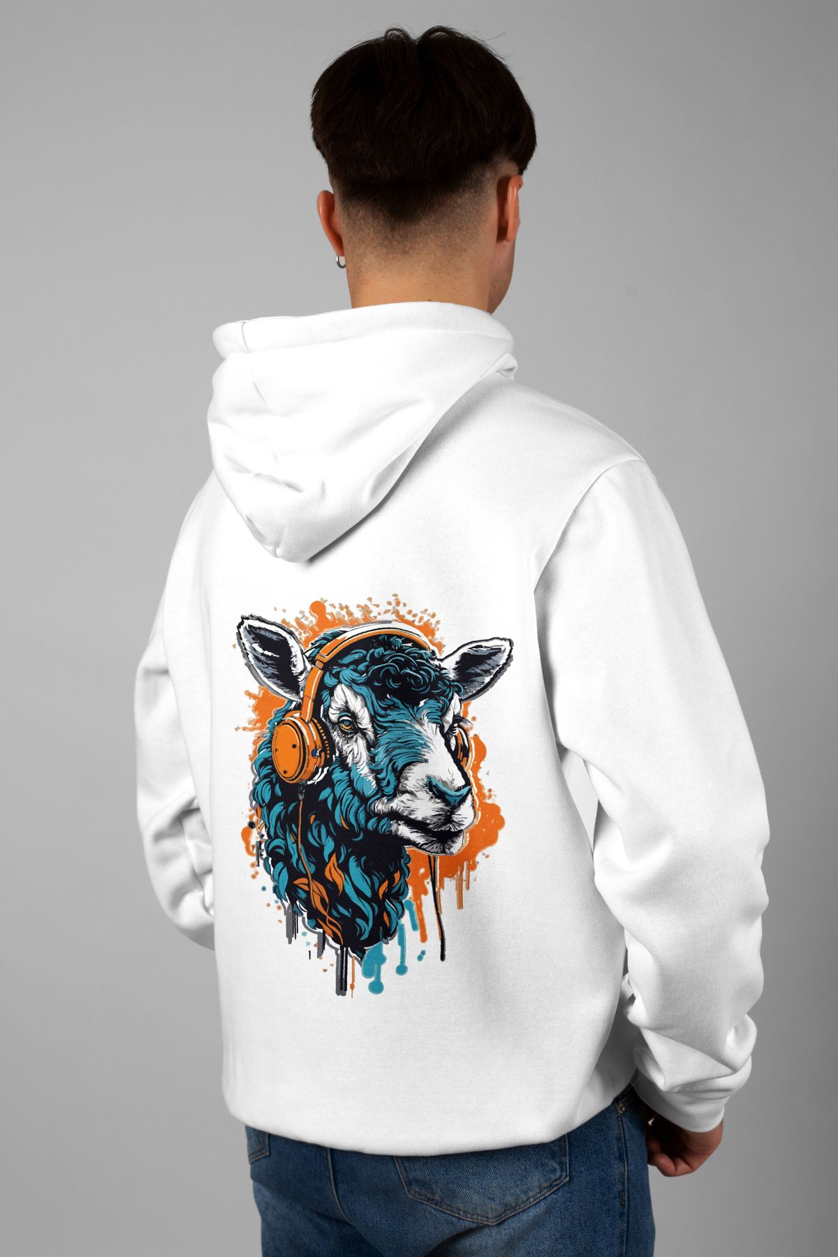 Zestia Unisex Hoodie, Koyun Sırt Baskılı, Regular,%100 Pamuk, Beyaz Renk Kapşonlu No: 0054