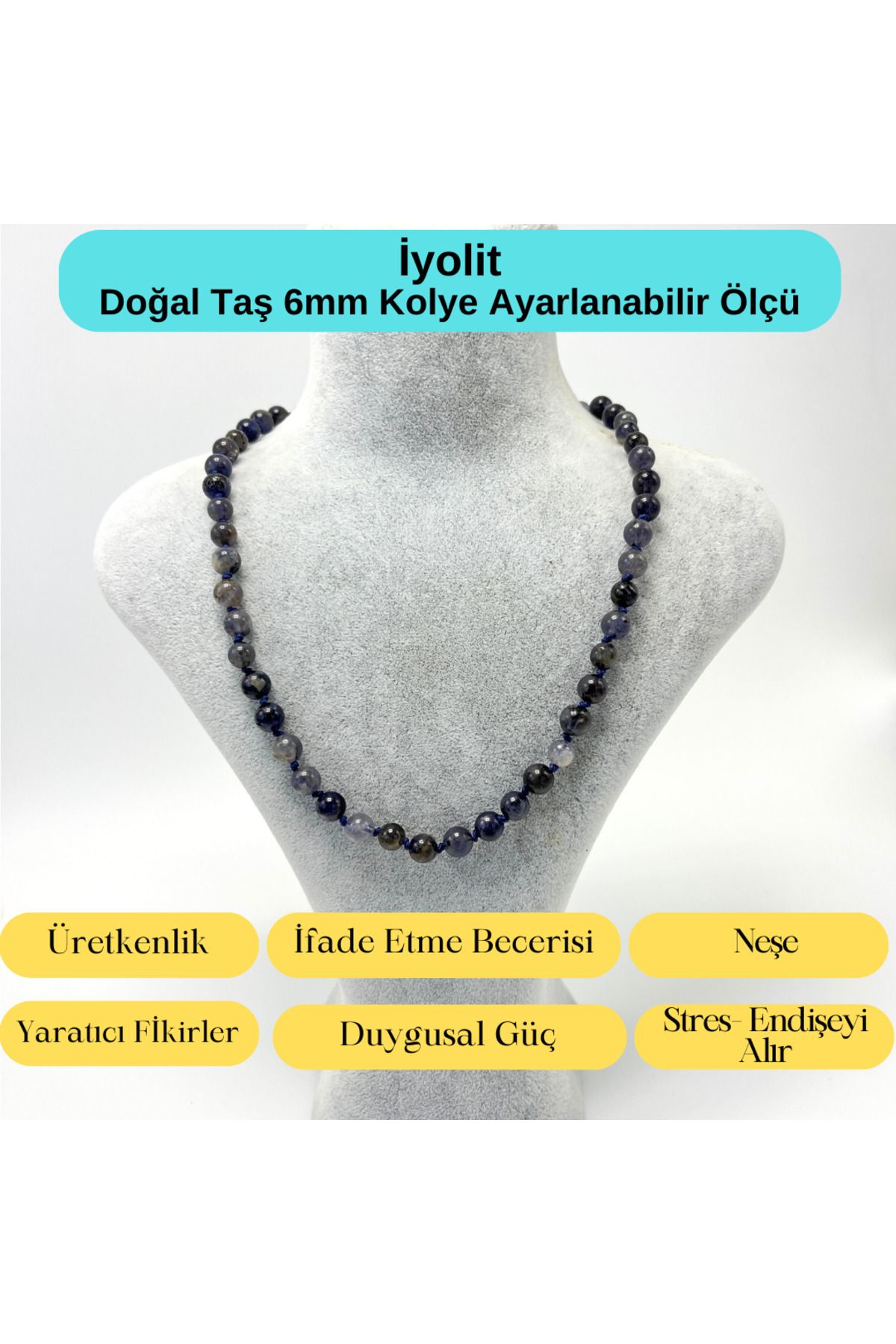 YILDIZ DOĞAL TAŞ SERTİFİKALI İyolit Doğal Taş 6mm Makrome Kolye 45cm- 55cm Ayarlanabilir Ölçü