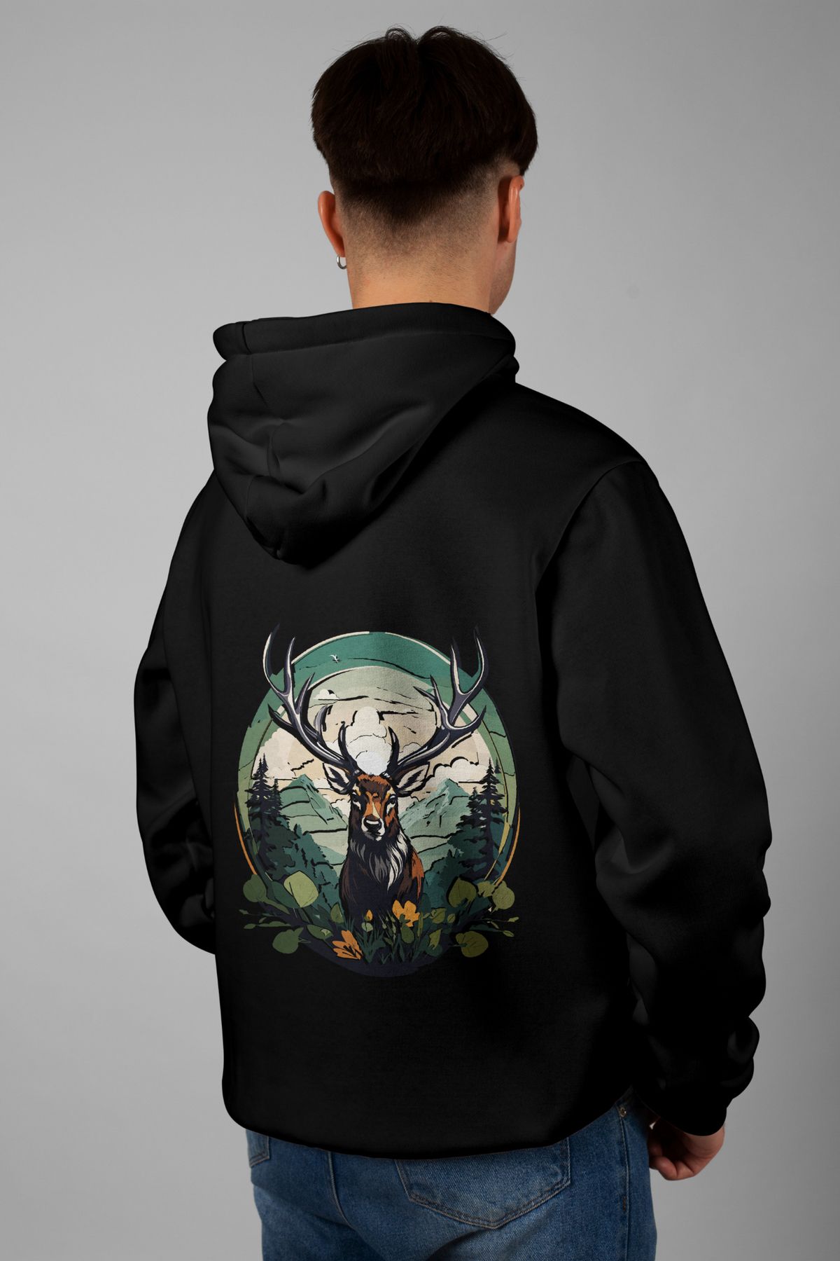 Zestia Unisex Hoodie, Geyik Sırt Baskılı, Regular,%100 Pamuk, Siyah Renk Kapşonlu No: 0020