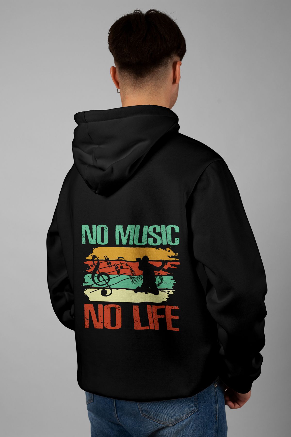 Zestia Unisex Hoodie, No Music No Life Sırt Baskılı, Regular,%100 Pamuk, Siyah Renk Kapşonlu No: 0294