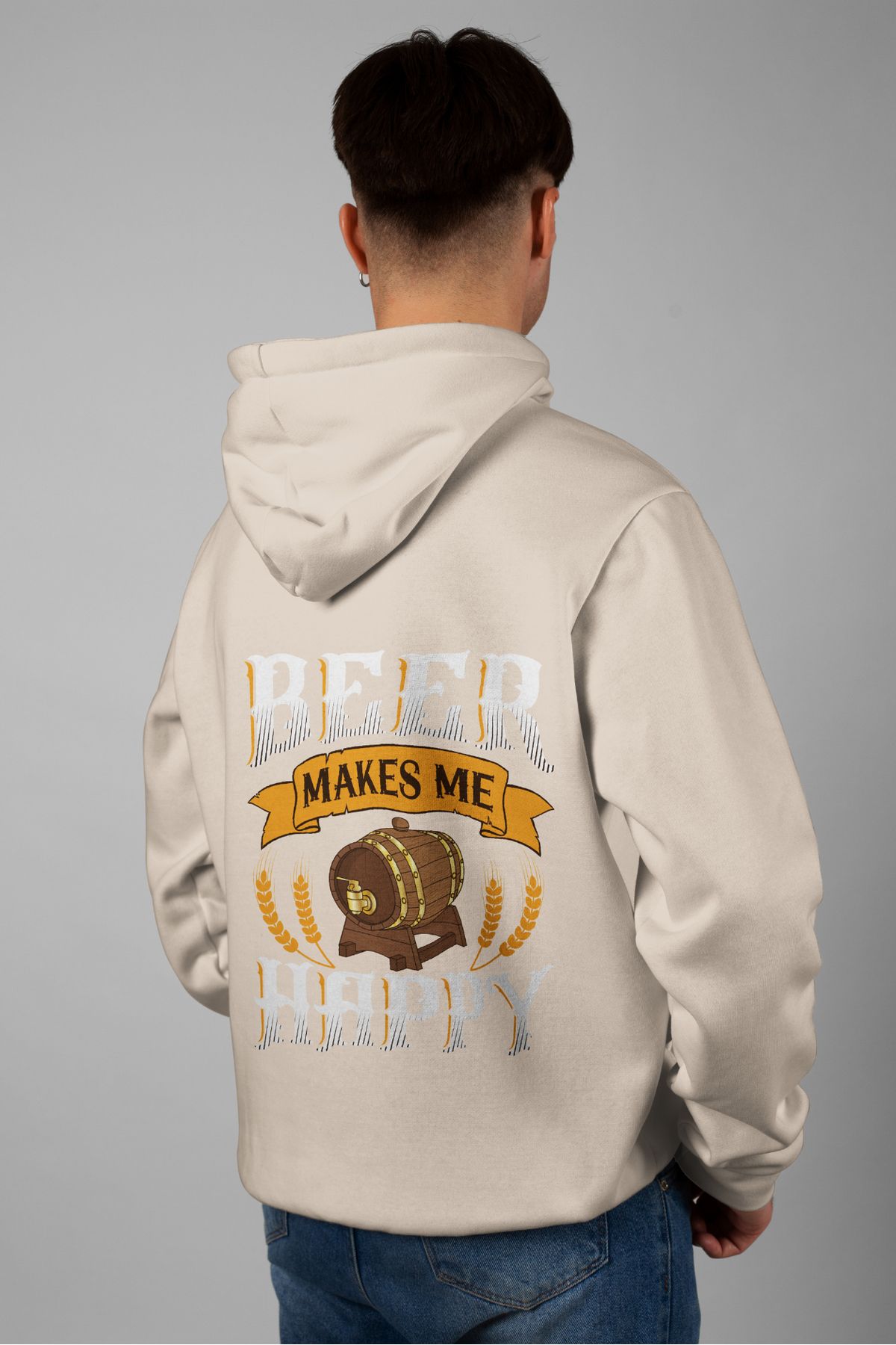 Zestia Unisex Hoodie, Beer Makes Me Sırt Baskılı, Regular,%100 Pamuk, Krem Renk Kapşonlu No: 0238